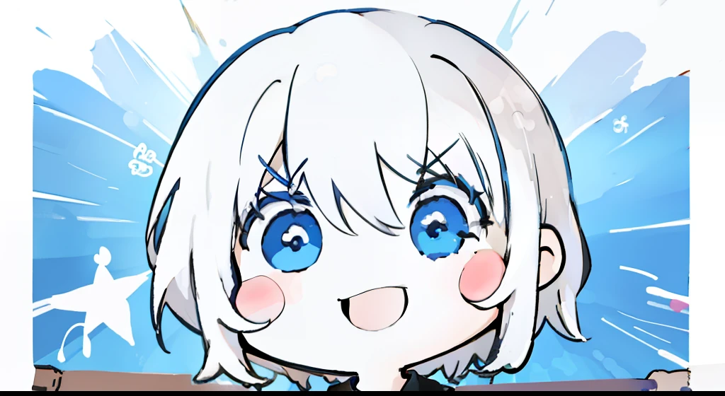 Yatte Hokuzo、cute little、white  hair、long、blue eyess、Smile、Laugh、A smile、​masterpiece、top-quality、Top image quality
