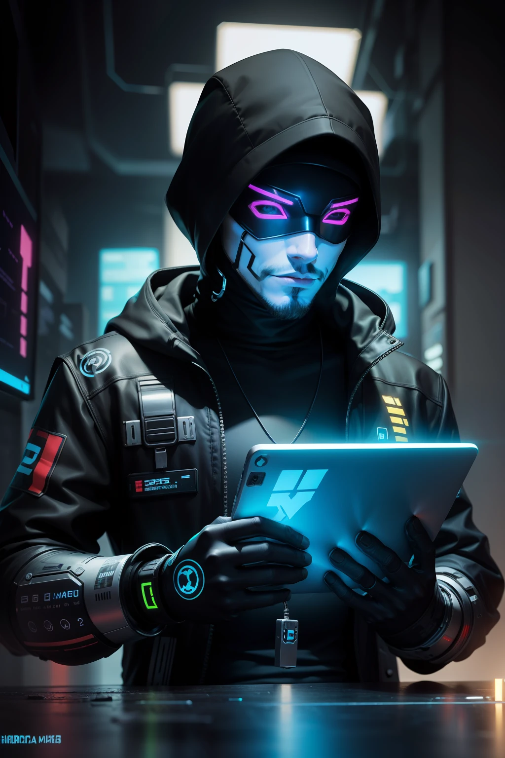 um homem com capuz segurando barra de ouro Cyberpunk, hacker, figura encapuzada, cyber background, Figuras encapuzadas, Cybernetic style, Anonymous,logo,logo marca
