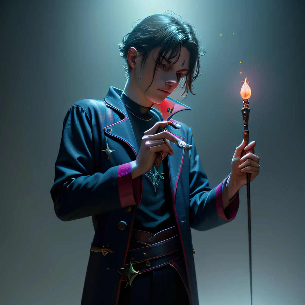 Hold a magic wand in one hand,The tilted wand casts cool magic effects,The tip of the staff shines with dazzling light,A dim atmosphere accompanied by blood stains,Presents a mysterious and fantastical scene,The wand is tilted in the frame,The tip of the wand emits cool special effects,blood stain,Dark,fantasy
Wait for it to start