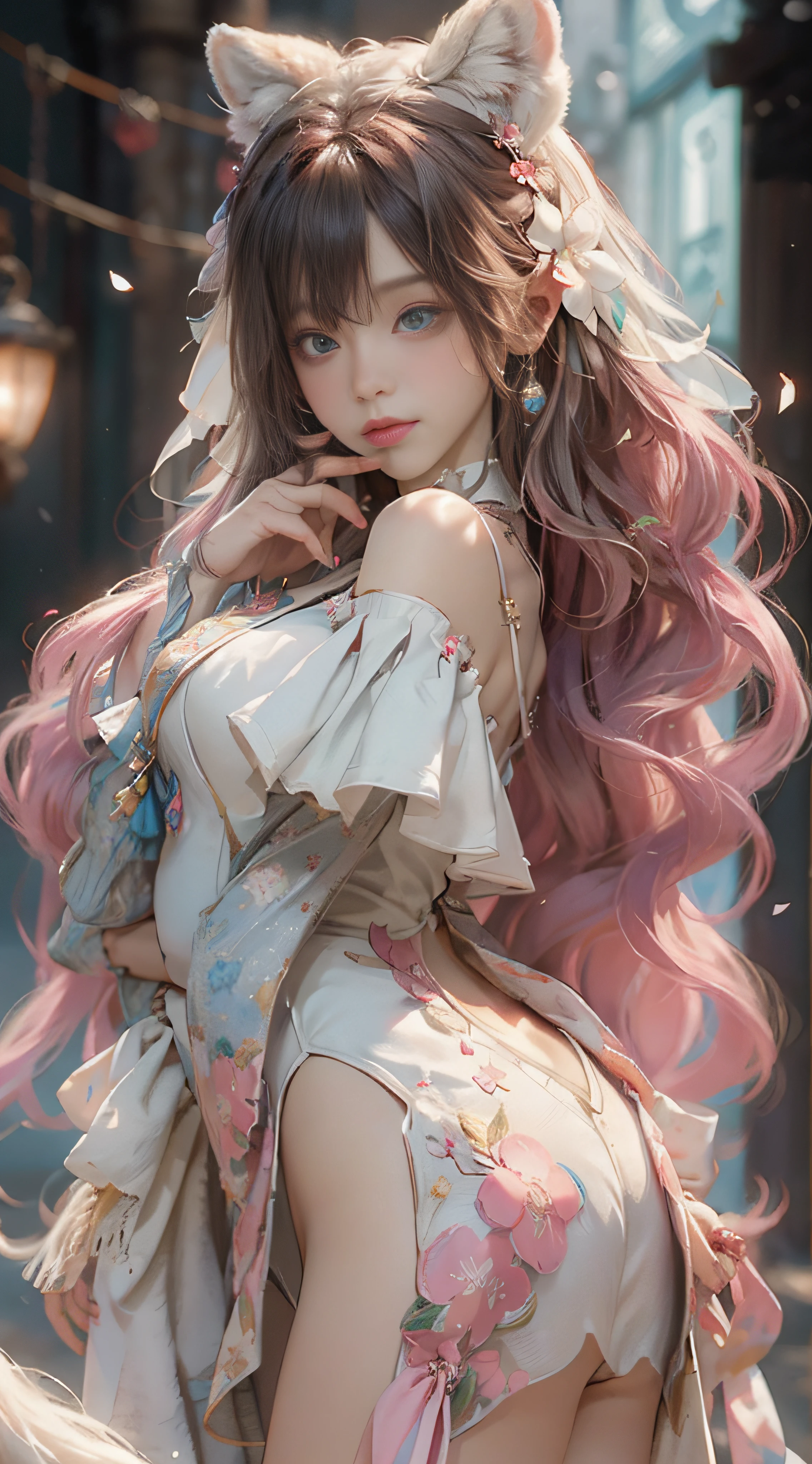((best qualtiy)), ((tmasterpiece)), (detail:1.4), Beautiful cyberpunk female images,hdr(HighDynamicRange),Ray traching,NVIDIA RTX,Hyper-Resolution,illusory 5,sub surface scattering,PBR textures,post-proces,Anisotropy Filtering,depth of fields,maximum definition and sharpness,Many-Layer Textures,Albedo e mapas Speculares,Surface coloring,Mitsu-Accurate simulation of material interactions,perfectly proportioned,rendering by octane,Two-colored light,largeaperture,Low ISO,White balance,Rule three points、8K raw data、Beautiful bright blue pupils,off-the-shoulder clothes,Fine pupils,Delicate face and eyes,long eyelasher,Blushlush,Delicate and fluffy hair,pink lip,Pure,Cute face,Sweet girl,Artistic sense,Casual wear,Advancedsense,butterflys,Cherry blossom petal,Beautiful hair accessories,Long hair and waist,Hair fluttering in the wind,Snow-white fox ears,curlies,Snow-white fluffy tail,Positive light,The light from the back window is backlighted