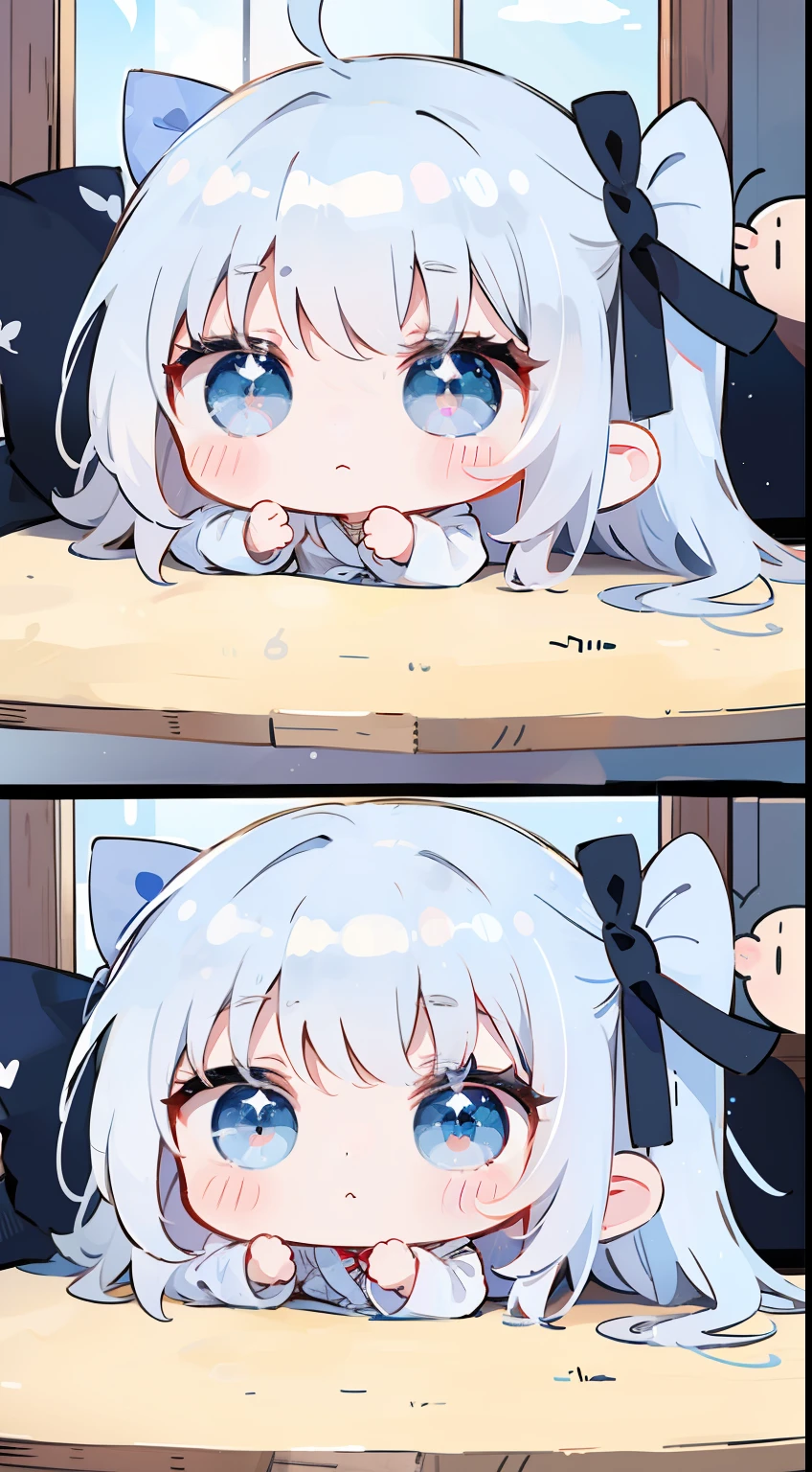 （（（（Chibi））））、comic strip、cute little、​masterpiece、Top image quality、To fit in a circle、silber hair、Long、blue eyess、onepiece、bow ribbon