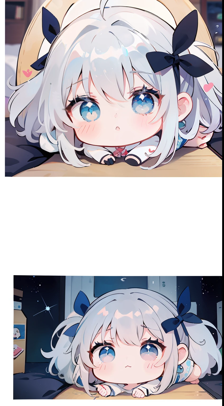 （（（（Chibi））））、comic strip、cute little、​masterpiece、Top image quality、To fit in a circle、silber hair、Long、blue eyess、onepiece、bow ribbon