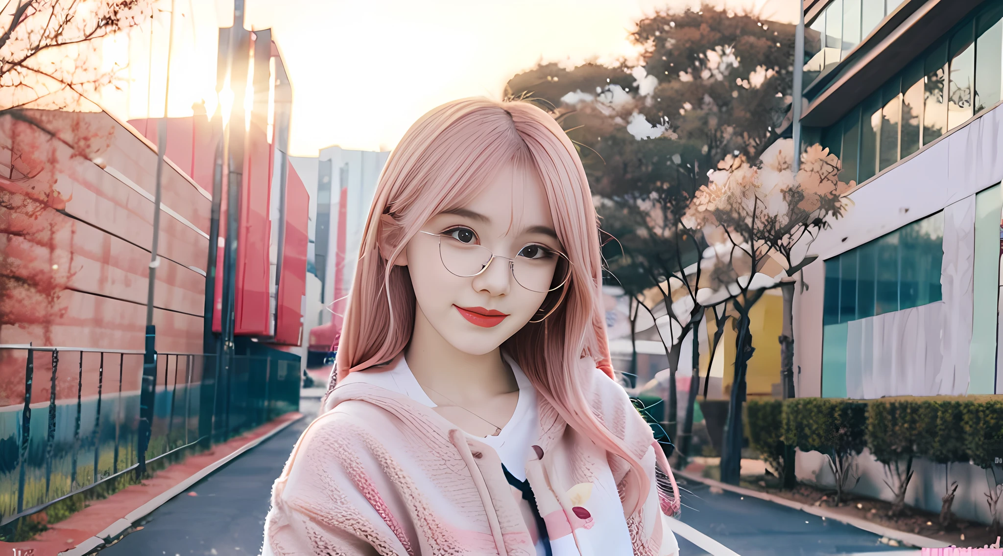 Anime girl with pink hair and glasses, kawaii realistic portrait, oc commission, high quality fanart,commission for high res, Nekomimi, Nyaruko-san, In anime style,kawaii , marin kitagawa fanart, fullbody commission for, Commission on furaffinity, Women in their 20s ,Light pink hair ,streamers, Long layer hairstyles