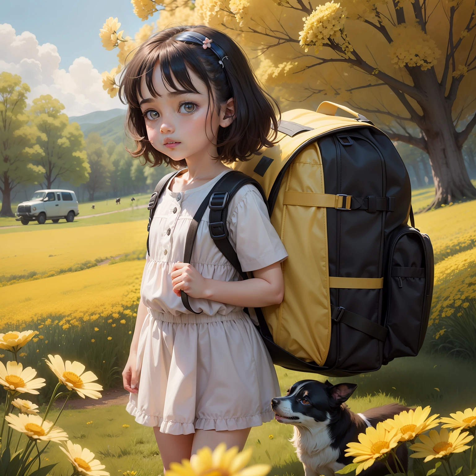 A very charming with a backpack and her cute border collie puppy enjoying a lovely spring outing surrounded by beautiful yellow flowers and nature. The illustration is a high-definition illustration in 4K resolution with highly detailed facial features and cartoon-style visuals.