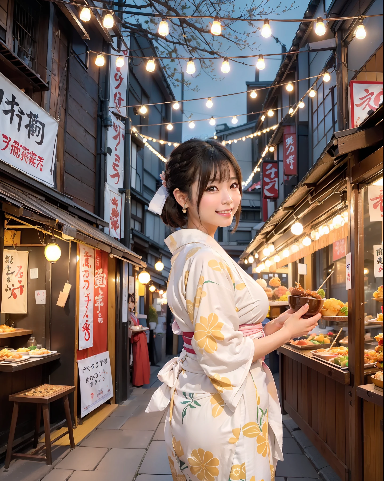 (The background is the vibrant festival grounds in Japan:2.0), (Photo of a beautiful Japanese girl with a smile lovingly:2.0), (Photo of her from head to knee:2.0), (looks at the viewer:2.0), (Both hands are hidden from view from the viewer:2.0), (8K, raw photo, award-winning beautiful photo, super high resolution:1.5), SIGMA Lens 50mm F1.8, shutter speed 1/1250, One Japan Girl, Cute, 3D, (big breasts:1.5), (show cleavage: 2.0), ((looks at the viewer:2.0)), (faint smile lovingly:1.0), (shiny skin:1.2), (Glossy Eyes:1.5), (Shiny Hair:1.2), beautiful glossy lips:1.5, wearing small jewelry earrings, wavy short hair: 1.2, (wearing light-colored yukata with a simple pattern:1.5),  (complex backgrounds with various elements:1.5),  (detailed backgrounds:2.0), (The background is award-winning:1.5), At the vibrant festival grounds in Japan, a lively spectacle unfolds as rows of colorful and charming yatai (food stalls) line the streets, creating a scene straight out of a captivating movie. The air is filled with tantalizing aromas, drawing visitors from all walks of life to indulge in the delectable delights.
Each yatai boasts a unique theme and decor, adorned with lanterns, paper decorations, and lively banners, creating an enchanting ambiance. The chattering of locals and tourists intermingles with the joyous melodies of traditional music playing in the background, setting the festive mood.
A diverse array of mouthwatering treats awaits patrons as they explore the culinary wonders of Japan. Savor the savory aromas of yakitori skewers grilling over open flames, while nearby, tempura chefs craft crispy delights in sizzling oil. The aroma of takoyaki, octopus-filled savory balls, wafts through the air, captivating taste buds at every corner.
As the sun sets, the yatai glow brightly, illuminating the festivities with a warm, inviting light. The atmosphere becomes even more magical as locals don traditional yukatas,  (big breasts:1.5), (show cleavage: 2.0),