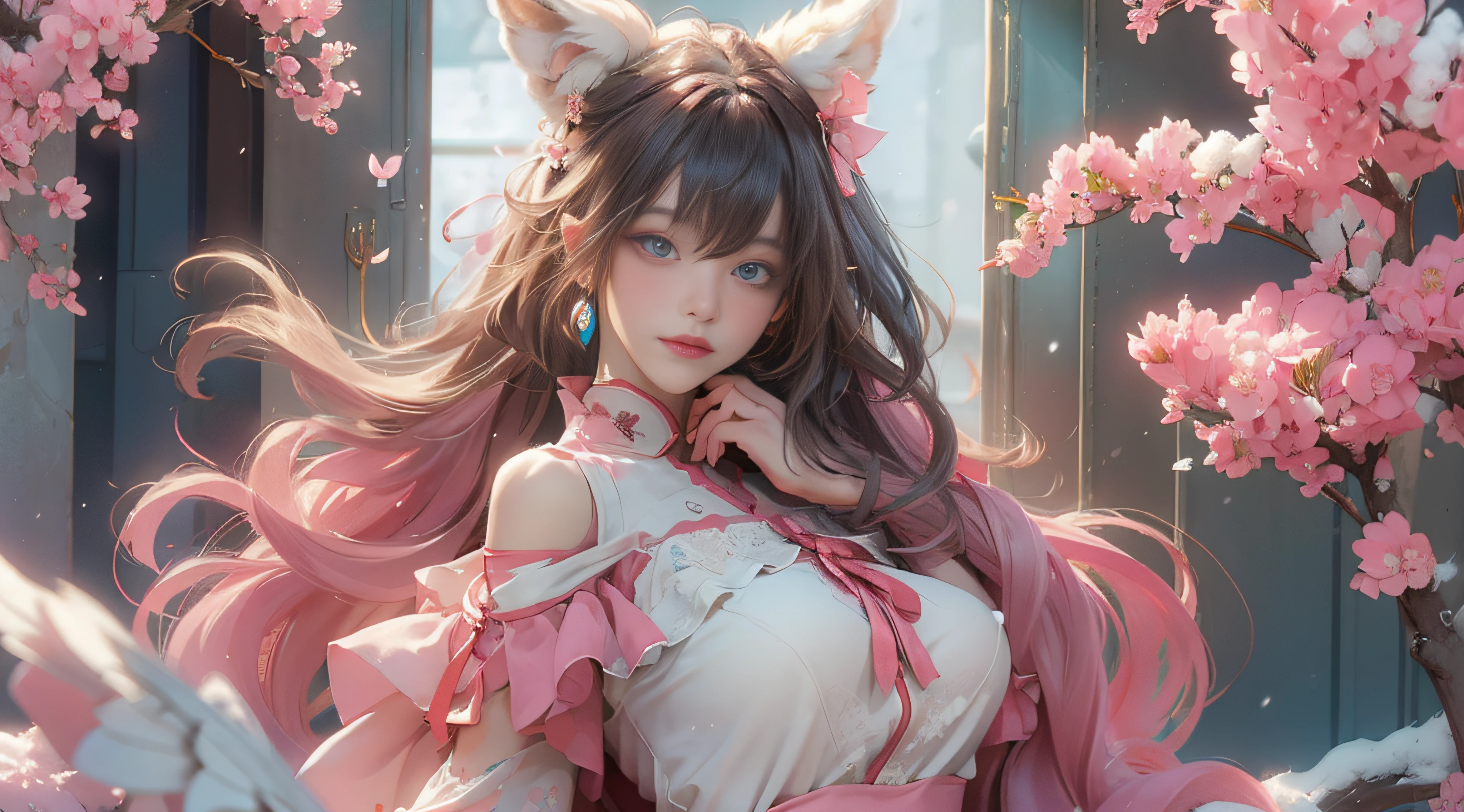 ((best qualtiy)), ((tmasterpiece)), (detail:1.4), Beautiful cyberpunk female images,hdr(HighDynamicRange),Ray traching,NVIDIA RTX,Hyper-Resolution,illusory 5,sub surface scattering,PBR textures,post-proces,Anisotropy Filtering,depth of fields,maximum definition and sharpness,Many-Layer Textures,Albedo e mapas Speculares,Surface coloring,Mitsu-Accurate simulation of material interactions,perfectly proportioned,rendering by octane,Two-colored light,largeaperture,Low ISO,White balance,Rule three points、8K raw data、Beautiful bright blue pupils,off-the-shoulder clothes,Fine pupils,Delicate face and eyes,long eyelasher,Blushlush,Delicate and fluffy hair,pink lip,Pure,Cute face,Sweet girl,Artistic sense,Casual wear,Advancedsense,butterflys,Cherry blossom petal,Beautiful hair accessories,Long hair and waist,Hair fluttering in the wind,Snow-white fox ears,curlies,Snow-white fluffy tail,Positive light,The light from the back window is backlighted