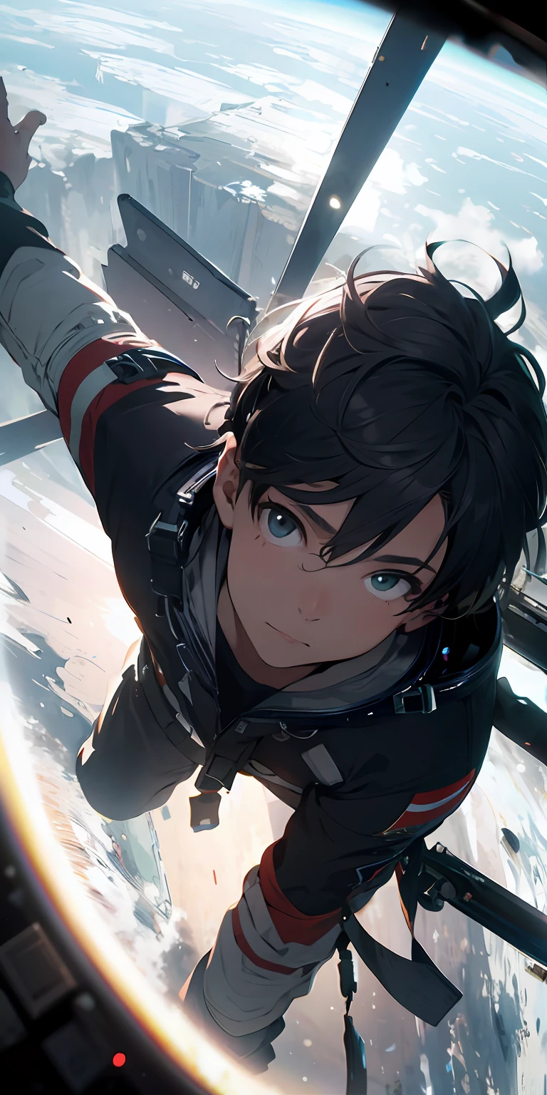 ridiculous resolution, high resolution, (masterpiece:1.4), super detailed, 1boy, seen from above, space, floating, --v 6