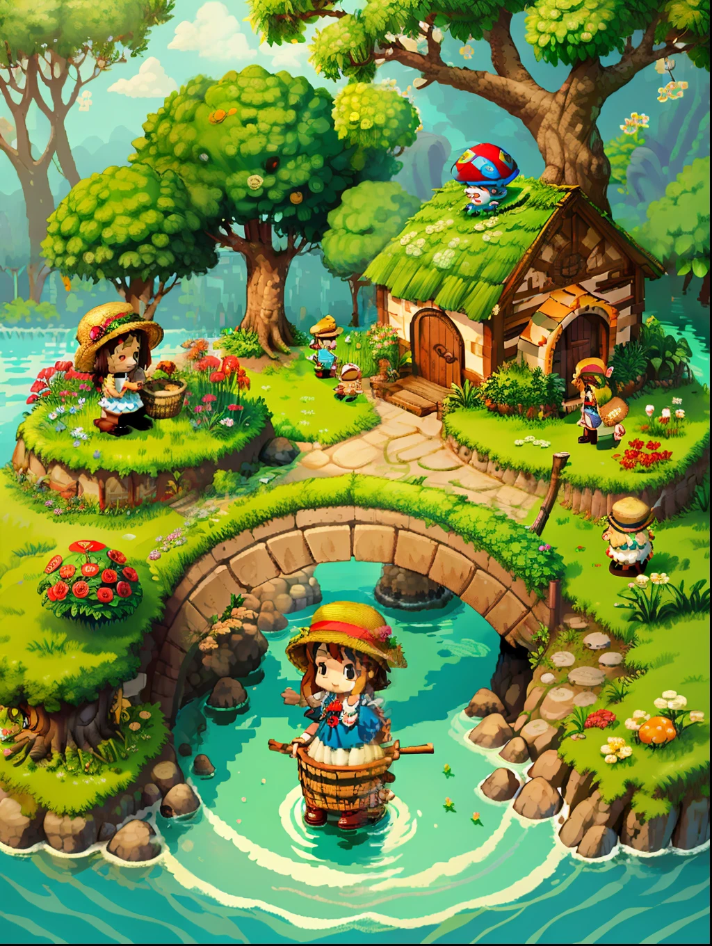 （Pixel art：1.4），Q version《 girl with teddy bear》，Straw Hat Hat，basket，Floral dress，Little red leather shoes，The tree，small bridge flowing water，Flowers and plants，（Mushroom hut：1.2），Cogumelos