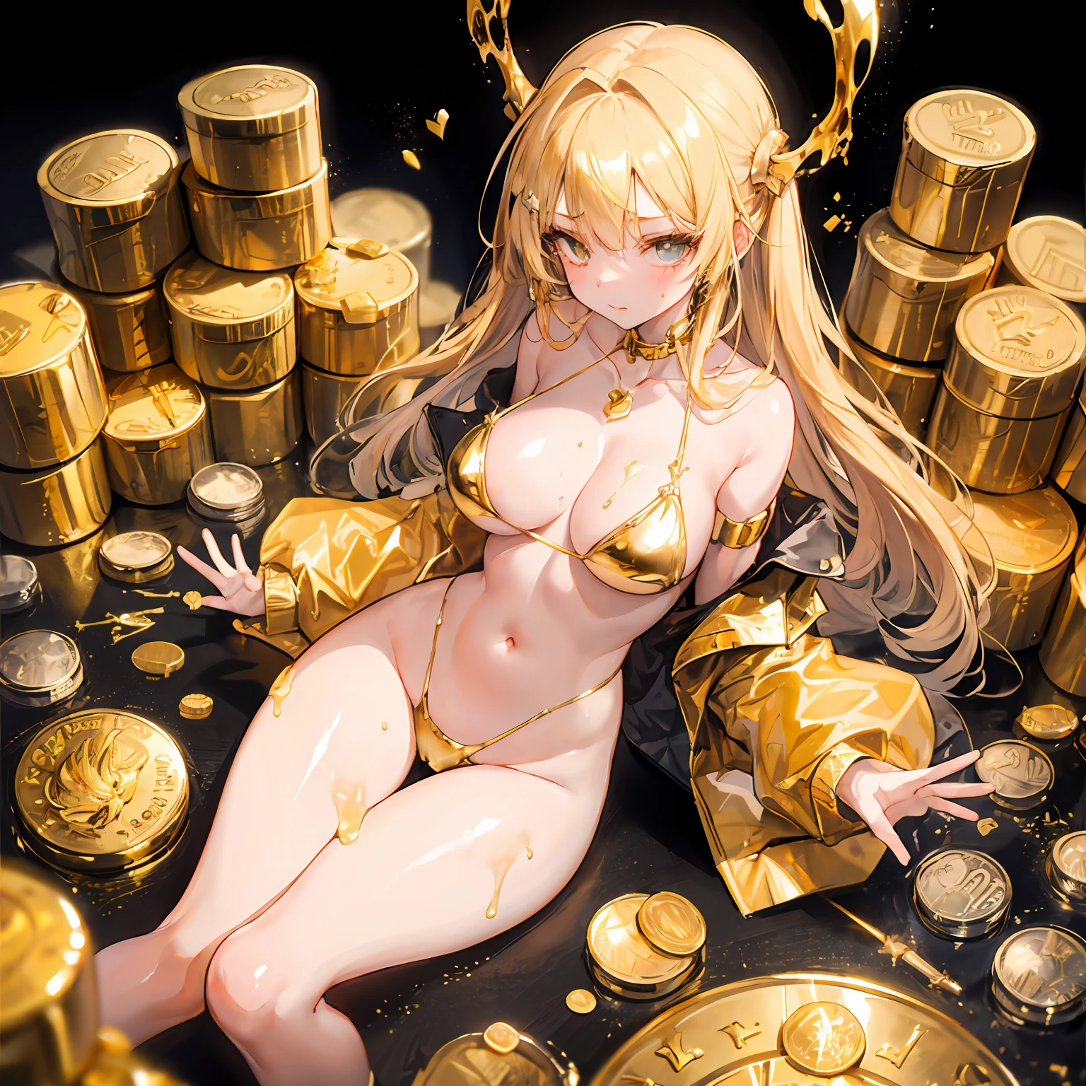 molten gold,gold bullion,coin,Wearing lots of gold accessories,1girl,slime girl,shiny skin,goldpowder,Metalheart,liquid metal girl