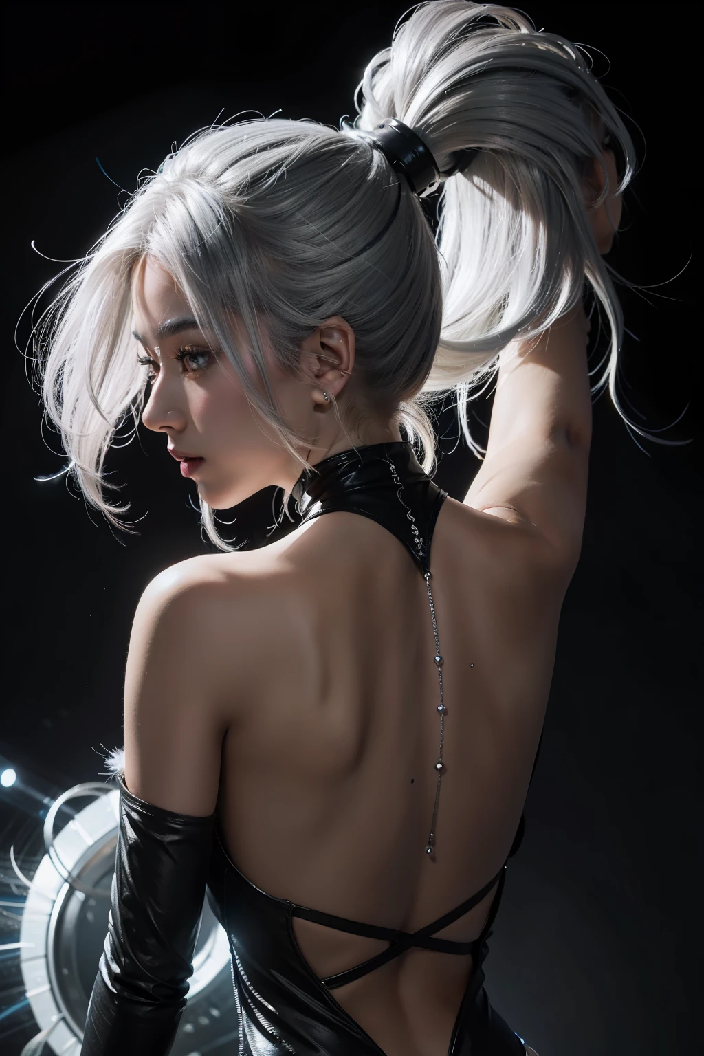 Krenz Kushatt, Luis Royo, a girl, high ponytail, a brightly colored feather stuck on top of her head, silver hair, back to camera, tilted head, black backless bodysuit, (back with regular geometric tattoos:0.5),Bio-luminescence,cartoon style, low detail, game ui, masterpieces, 8K,