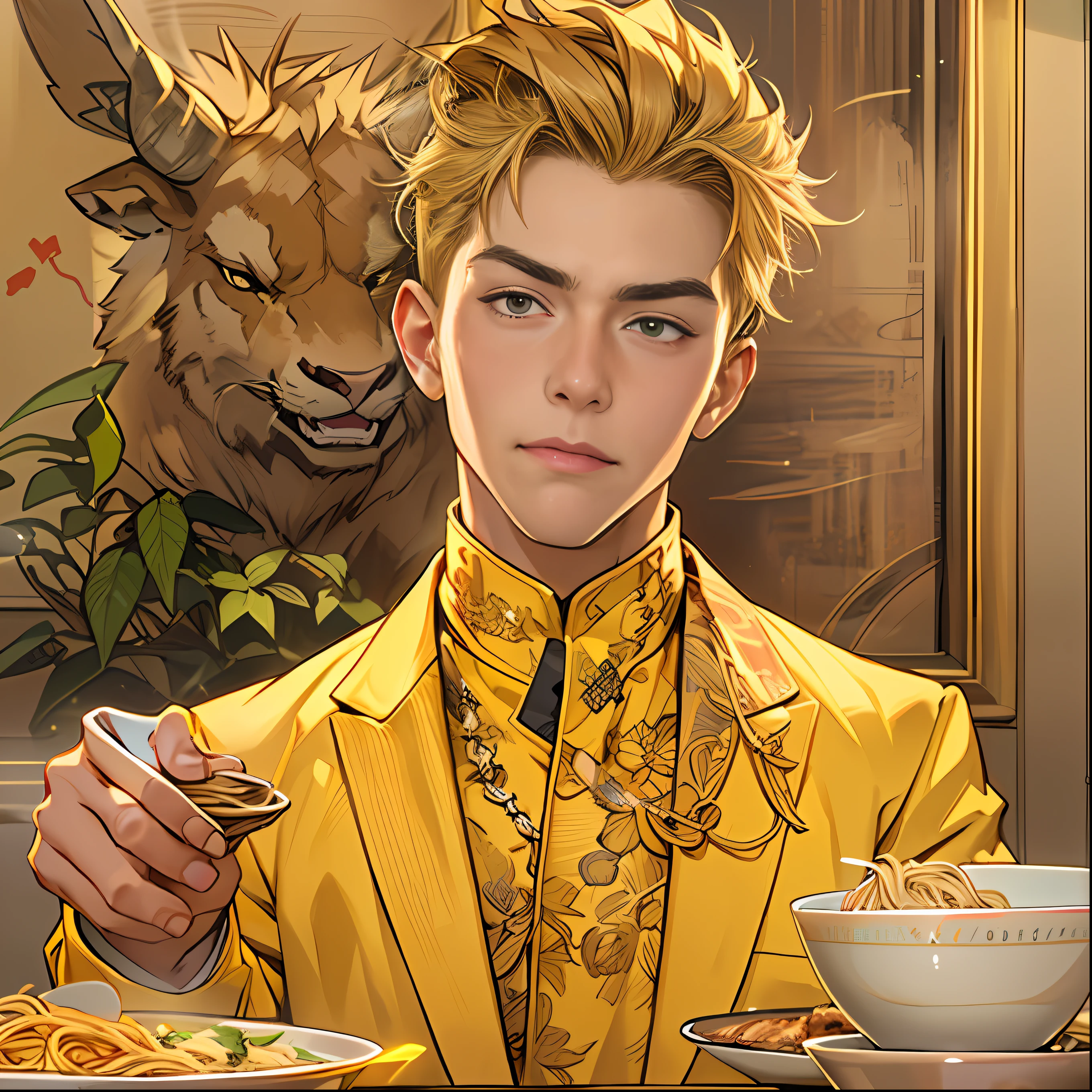 A handsome young man in a yellow suit on the side,Point to the beef noodles on the table,The haughty and confident expression on his face,in the style of the stars art group xing xing, 32K, Best quality, Masterpiece, Super detail, High details