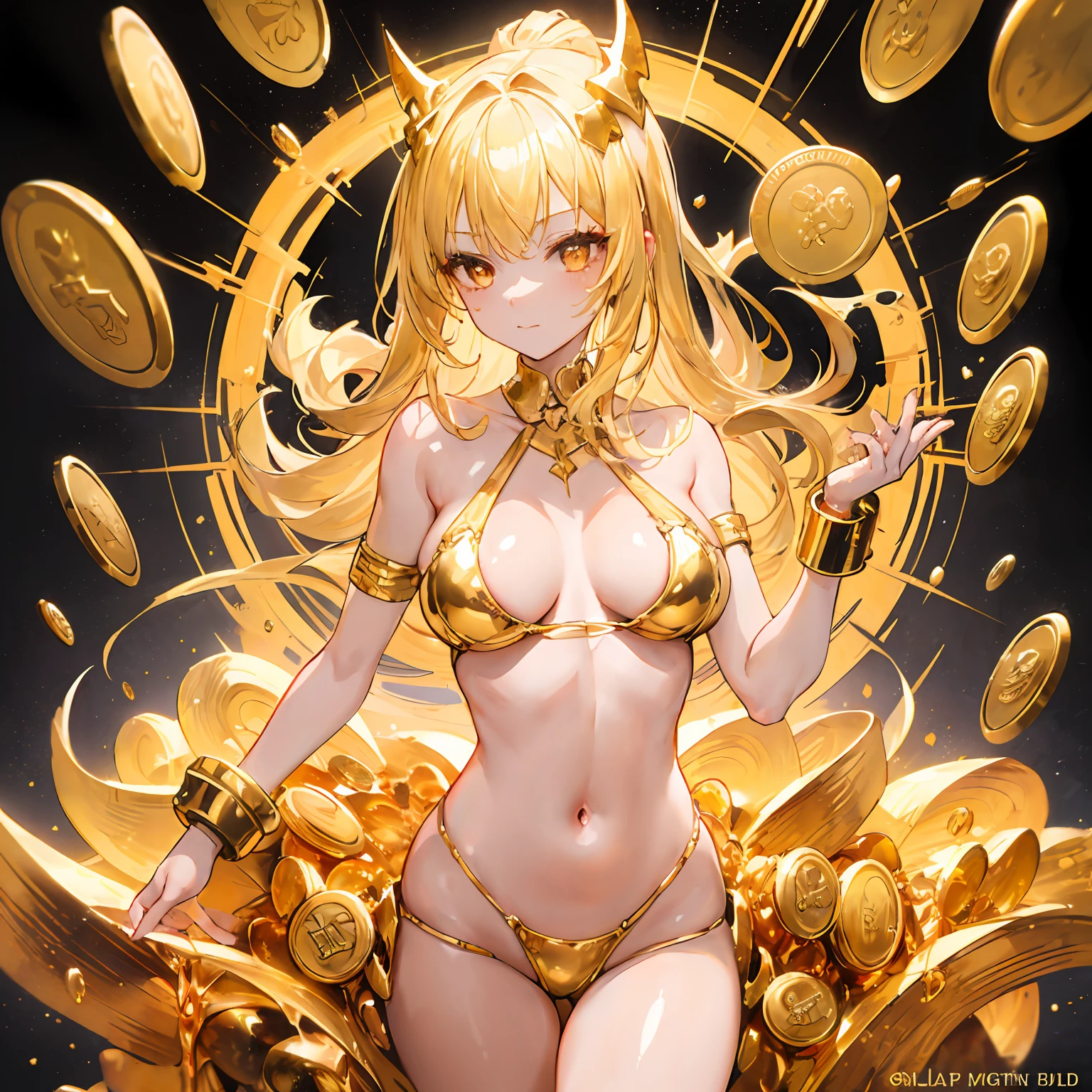 molten gold,gold bullion,coin,Wearing lots of gold accessories,1girl,slime girl,shiny skin,goldpowder,Metalheart,liquid metal girl