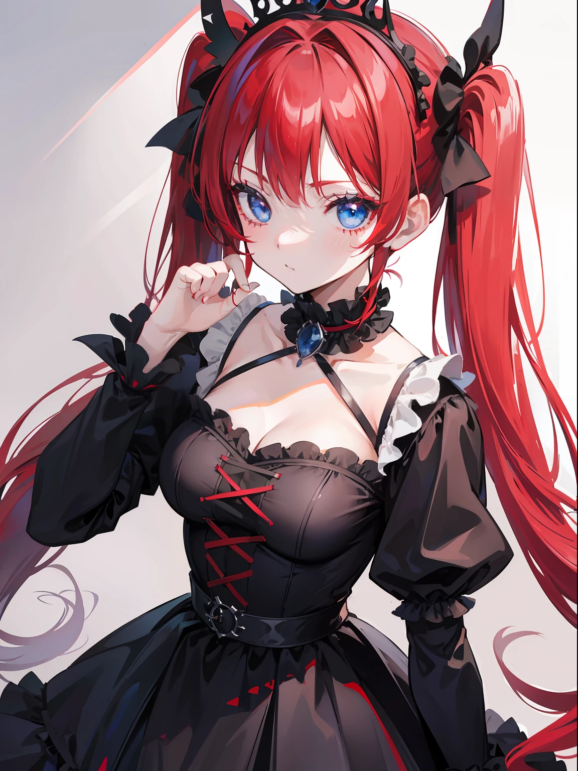 Red hair, Blue eyes, twintails, Goth Lolita, Darkgoth, Collar,Crown tiara,pride,solo,loli,Long hair,{{best quality}}, {{masterpiece}}, {{ultra-detailed}}, {illustration}, {detailed light}, {an extremely delicate and beautiful},