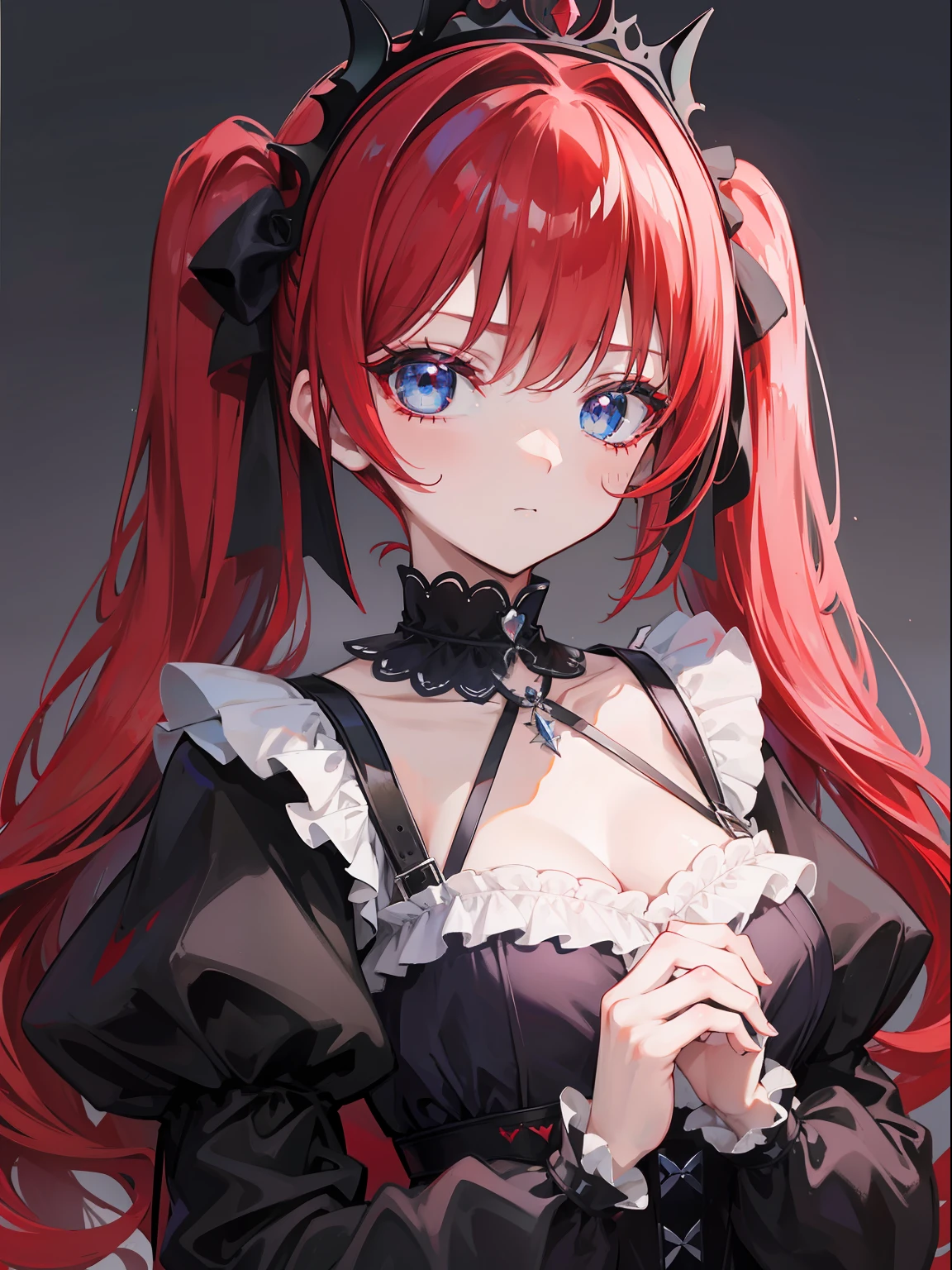 Red hair, Blue eyes, twintails, Goth Lolita, Darkgoth, Collar,Crown tiara,pride,solo,loli,Long hair,{{best quality}}, {{masterpiece}}, {{ultra-detailed}}, {illustration}, {detailed light}, {an extremely delicate and beautiful},