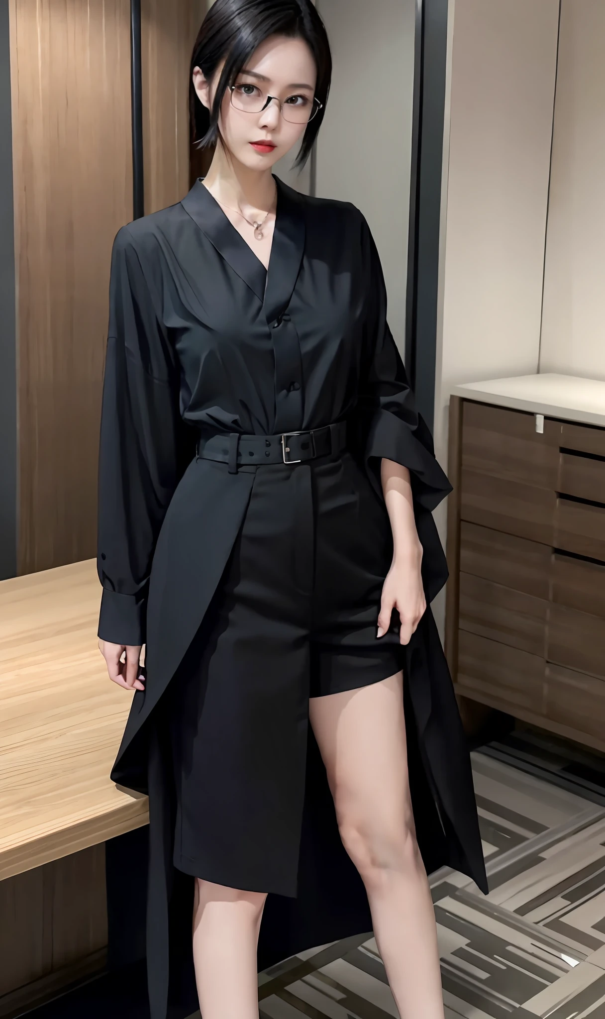 shift dresses,short- sleeved,Realistis,hyper realisitc,Display style,城市,slenderlegs,Chestless clothing,Raised sexy,work,校服,Women's suits,The kinky is exposed,Punk necklace,eye glass