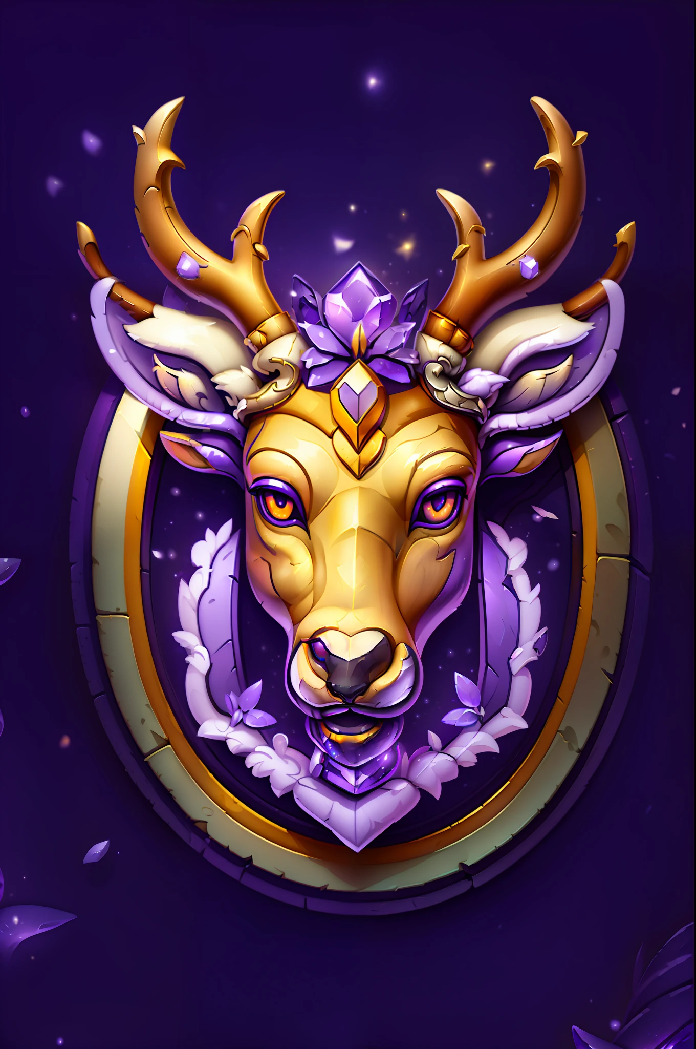 1 deer head icon chic large antlers decorated with petals, silver decoration, art deco elements, dark background, purple eyes crystals, a frame in the form of a coat of arms around a deer with lianas on it