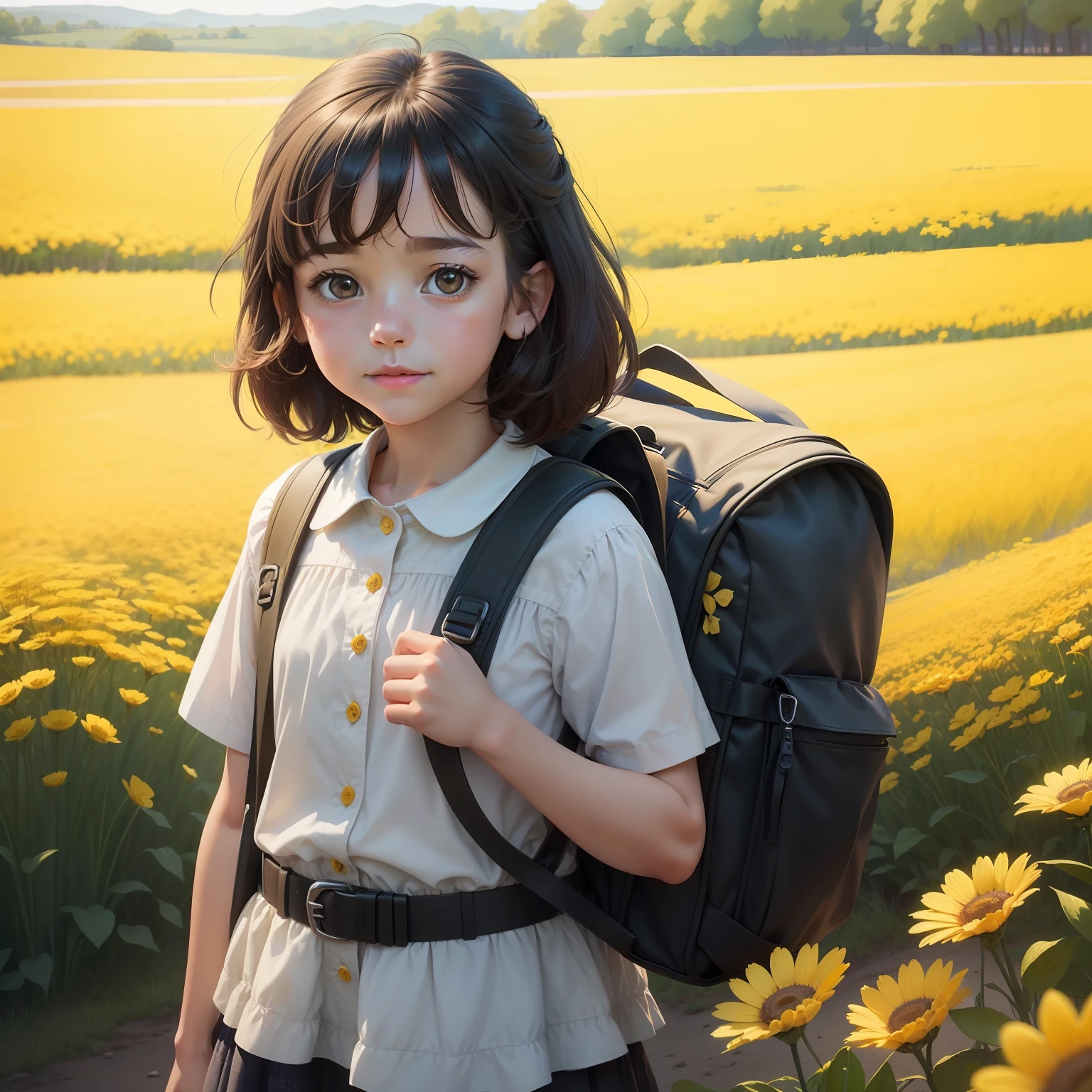 A very charming girl with a backpack and her cute border collie puppy enjoying a lovely spring outing surrounded by beautiful yellow flowers and nature. The illustration is a high-definition illustration in 4K resolution with highly detailed facial features and cartoon-style visuals.