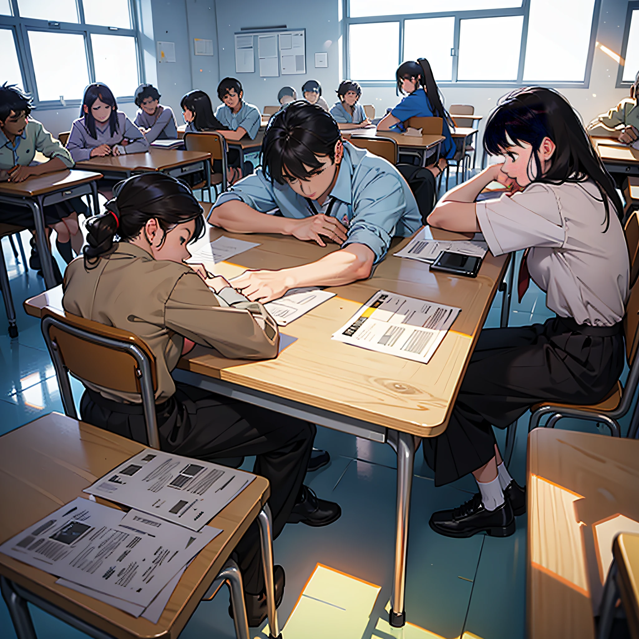 A group of students taking exams in the classroom