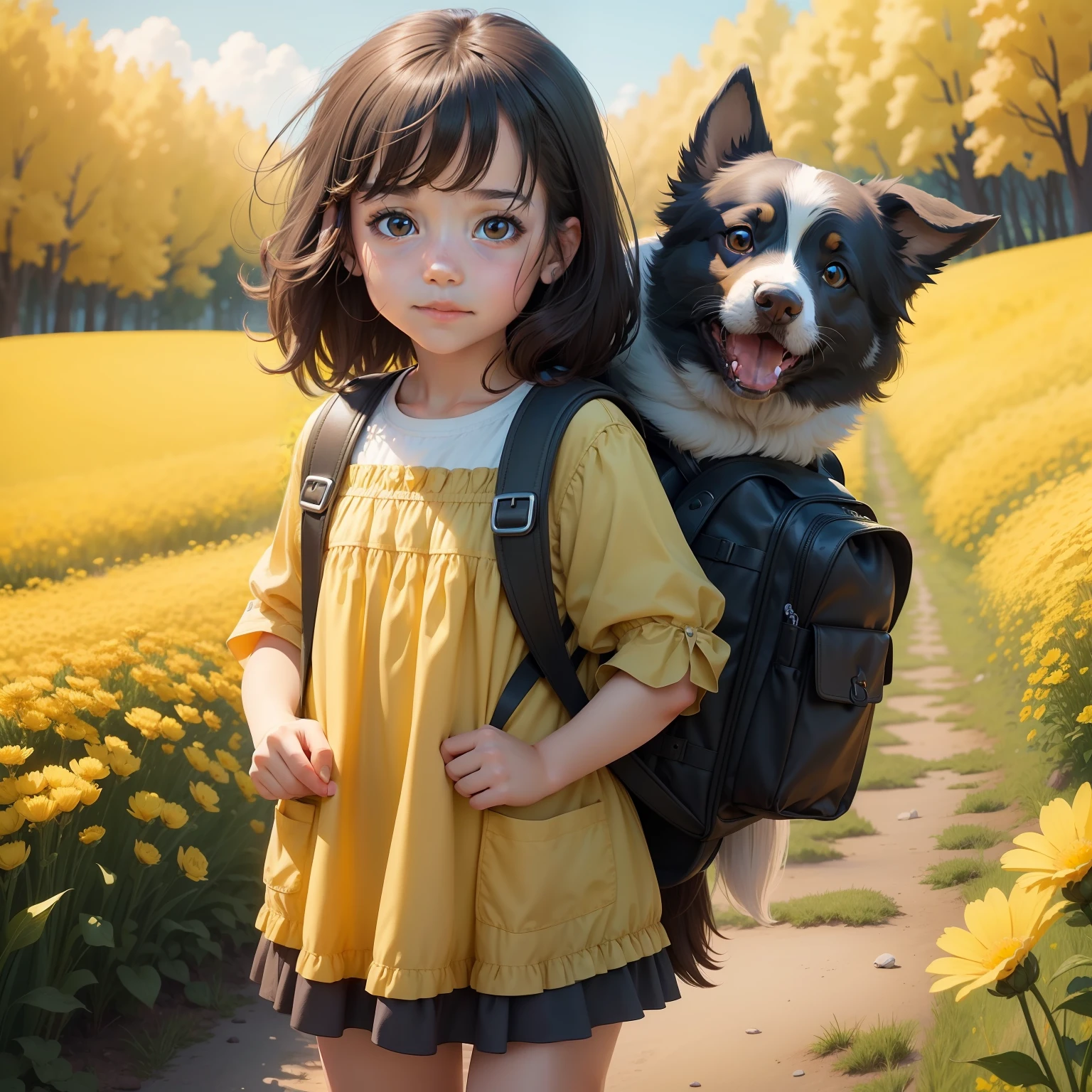 A very charming  girl with a backpack and her cute border collie puppy enjoying a lovely spring outing surrounded by beautiful yellow flowers and nature. The illustration is a high-definition illustration in 4K resolution with highly detailed facial features and cartoon-style visuals.