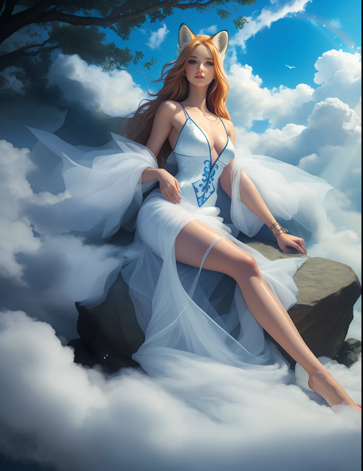There was a fox-headed woman sitting on a rock,White fur on a fox's head,Woman body,Soft and light clothing,Skeleton on the ground,Flowing cloud,Cloud,the trees,fresh flowers,(nice hand),(Good feet),(good legs),realisticlying,white skinned,((Correct body structure)),White clothing,decorated in white,baiyun,Blue sky,Head background with round light,Behind him is a rainbow circle,Front lighting,Positive light,No shadows on the face,There are no shadows on the body,Blue sky,Unreal space,ethereal world,dreamworld,with blue sky and white clouds,tmasterpiece,4K,ultra-definition,professional photoshooting,