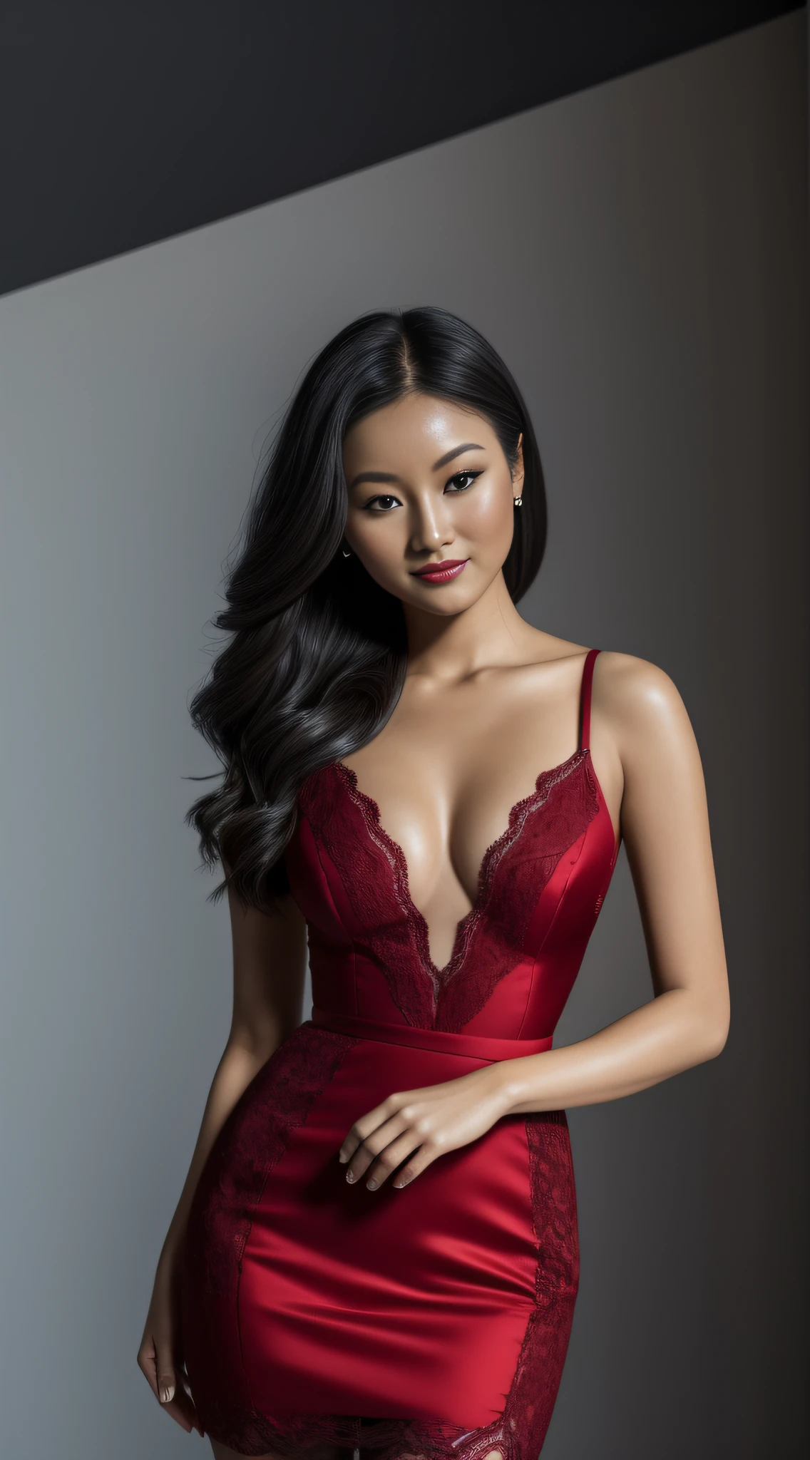 Realistic portrait of Lana Condor, a talented -year-old Jubileu, born under the sign of Taurus, sensitive and delicate, white a graceful height of 1.60 meters and a weight of 47 kilograms. She enchants everyone with her unique beauty, her fair skin and brown eyes accentuate her delicate features, which are enhanced by her long and silky black hair. 78 bust, 56 waist, 80 hips.She is wearing a red lace dress with a plunging neckline and a slit, an elegant and alluring garment. The red color brings a sense of passion and intensity, and the lace adds a touch of delicacy and sophistication, providing an interesting contrast with the vibrant red. The slit in the dress adds a hint of boldness and subtly reveals her legs, giving a sensual and elegant touch, creating an attractive and provocative appearance. The neckline partially showcases her beautiful breasts. The high-heeled shoes elongate her silhouette, giving her an elegant and confident posture, adding even more glamour and sophistication to a refined and seductive look. The setting is a studio designed with a white background, providing a neutral and versatile canvas. The soft and elegant lighting spreads throughout the space, creating a pleasant and welcoming atmosphere. The soft tones of light highlight the forms and elements with subtlety, providing a sense of sophistication to the well-lit environment and an elegant aesthetic. The studio lighting consists of three types of lights: the main light, the backlight, and the fill light. The focus is on the shoulders and hands, highlighting expressive gestures, capturing the essence of emotions and messages, making the image more engaging and impactful, adding depth and meaning, red lips, chromatic aberration abuse, UHD, retina, masterpiece, ccurate, anatomically correct, textured skin, super detail, high details, high quality, award winning, best quality, highres, 1080P, HD, 4K, 8k, 16k --q 5