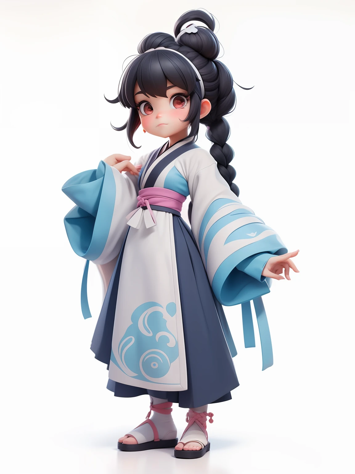 a Super cute girl,Dark twist braid,Wear hair accessories,wearing a hanfu,full bodyesbian,Fantastic and cute Popmart blind box,IP design,Clean bright background 3D rendering,oc rendered,8K,soft focus,Fine glossy super detail --ar 3:6 50 --q 2 --niji 5 --Style expression --s 2