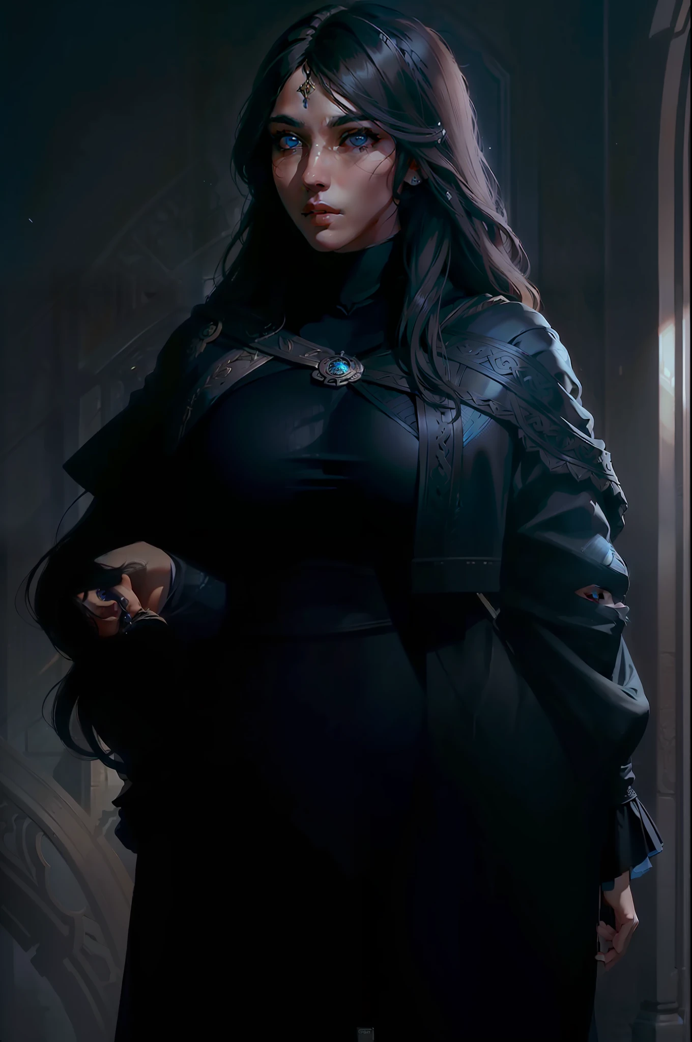 a close up of a brown woman with blue eyes, featured on cgsociety, pre-raphaelitism, androgynous, masculine, full body, black clothes