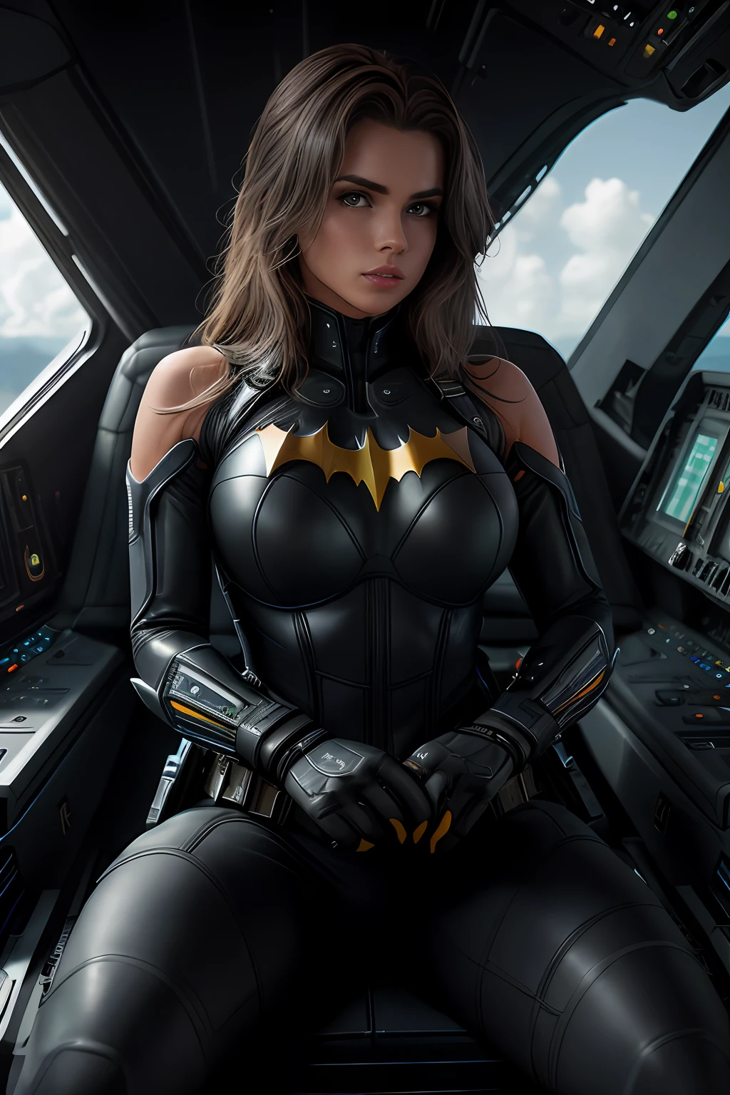 (Extremely detailed 8k wallpaper), bat girl sitting in a futuristic fighter jet cockpit, black futuristic fighter jet cockpit, sitting in black leather pilot seat, sitting in leather seat in cockpit, futuristic fighter jet cockpit:1.3, batgirl:1.2, confident, many switches and lights, long hair, bra, sexy top, short top:1.2, calm, modern futuristic clothing, complex, highly detailed, and dramatic, cinematic lighting, bright scene, soft lights, large breasts:1.4, nsfw:1.4, fit girl, lean girl, dark gray tight leather clothes, cleavage, batman logo:1.4