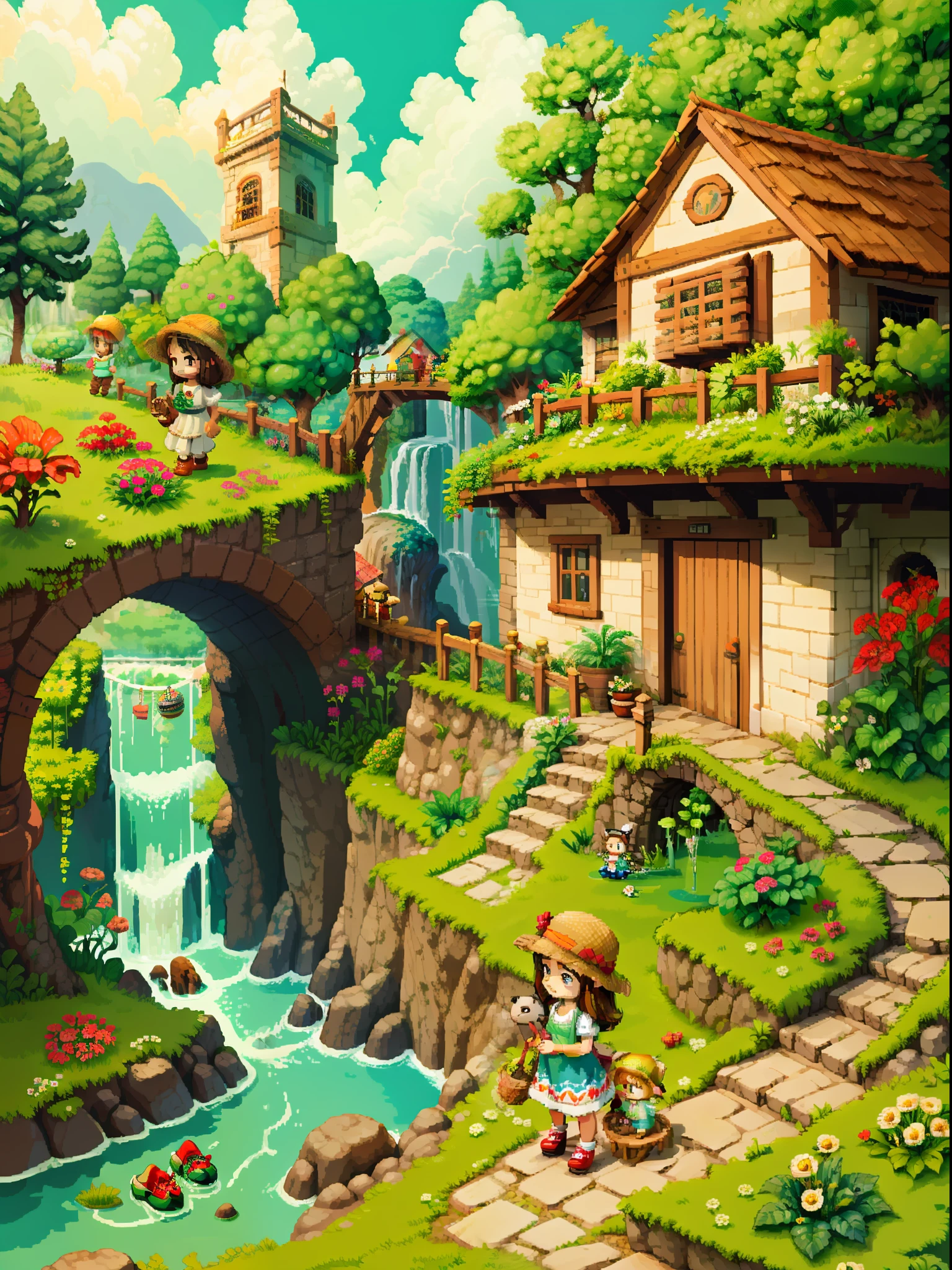 （Pixel art：1.4），Q version《 girl with teddy bear》，Straw Hat Hat，basket，Floral dress，Little red leather shoes，The tree，small bridge flowing water，Flowers and plants，（Mushroom hut：1.4），Cogumelos