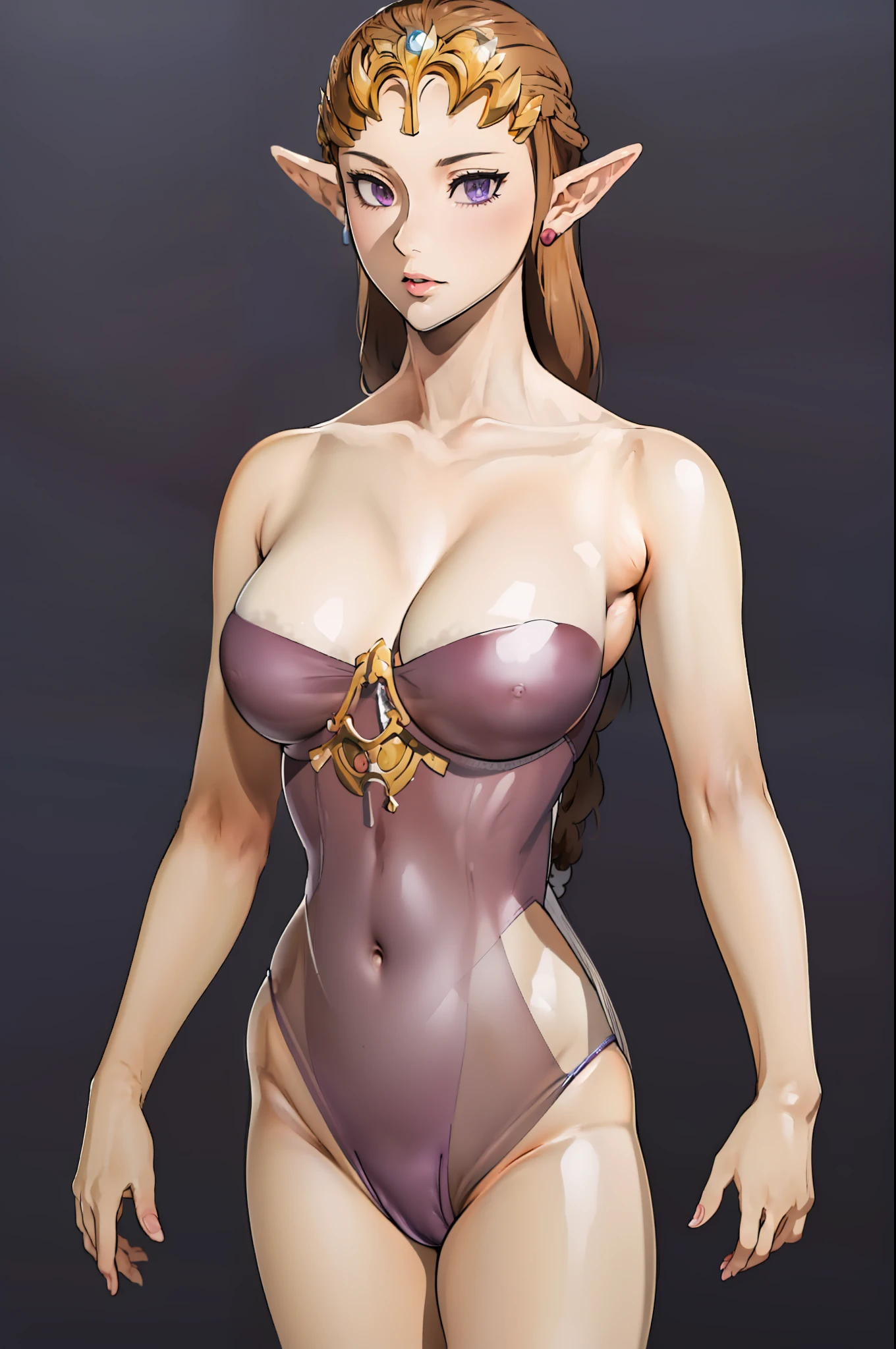 8K High Quality,highly accurate,princess zelda,Beautiful figure,Beautiful face,a small face,Full body,Twilight Princess,Beautiful,Leotard,Purple Dress,Bright,highlight in eyes,small ears,Brown hair,Sexy,ultra gigantic tits,extra large tits,Big ,,Erotic,Illustration,Micro Bikini,beautiful line art.