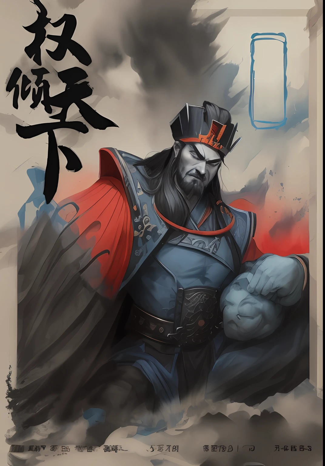 Angry man，Homem de meia idade，Black clothes，，inspired by Wu Daozi, inspired by Chen Jiru, inspired by Zhang Sengyao, inspired by Fu Baoshi，ink wash style，Blue clothes，Long black hair，Black hair