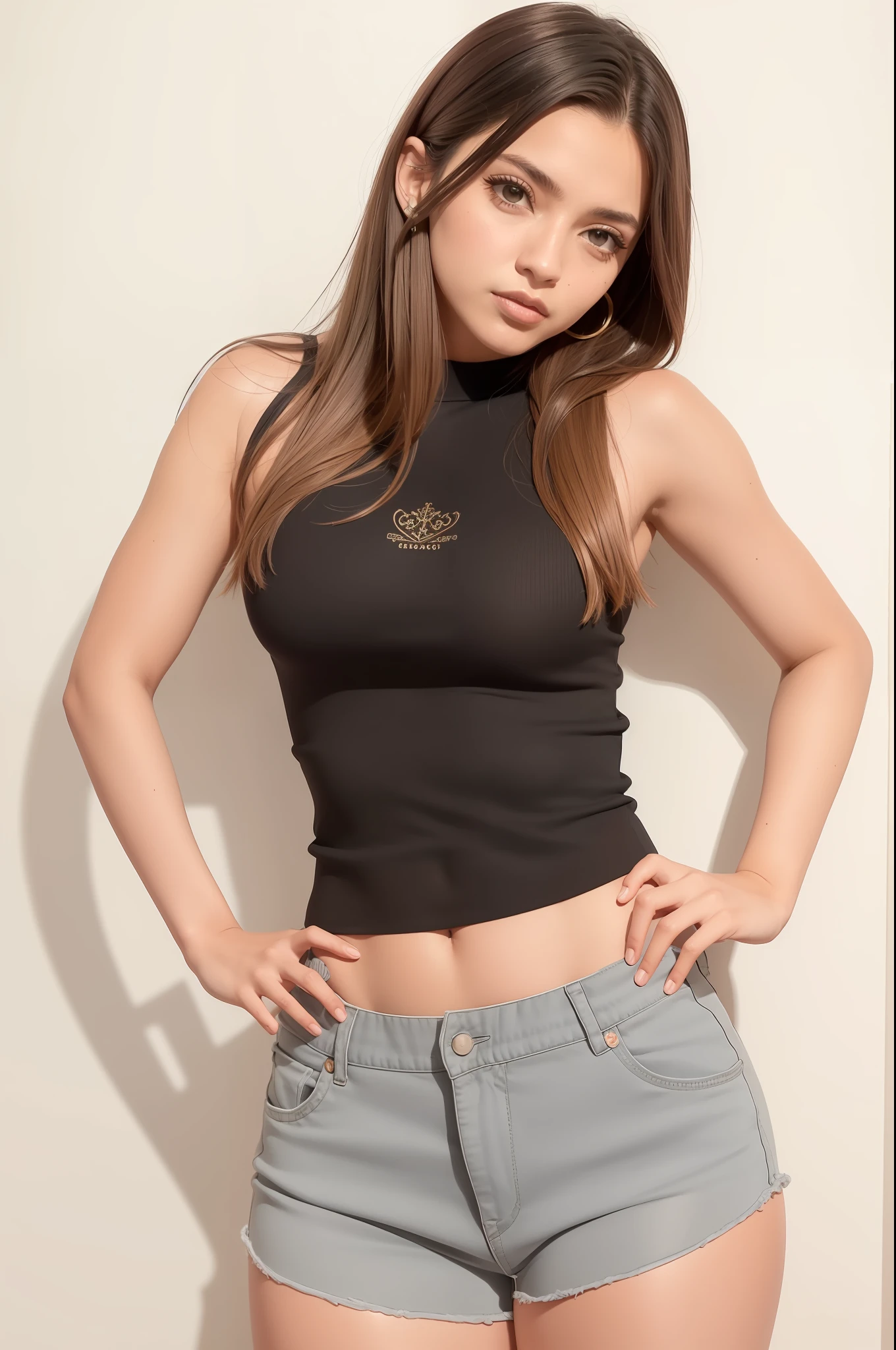 linda mulher arrogante em um top preto e shorts cinza posando para uma foto, topo de cabresto preto, usando uma regata cropped preta, usando uma regata preta cropped, regata preta apertada e shorts, she is wearing a black tank top, tanque preto apertado, Tampo tanque preto, peito achatado, Tampo do tanque apertado, Titular Top, Titular Top