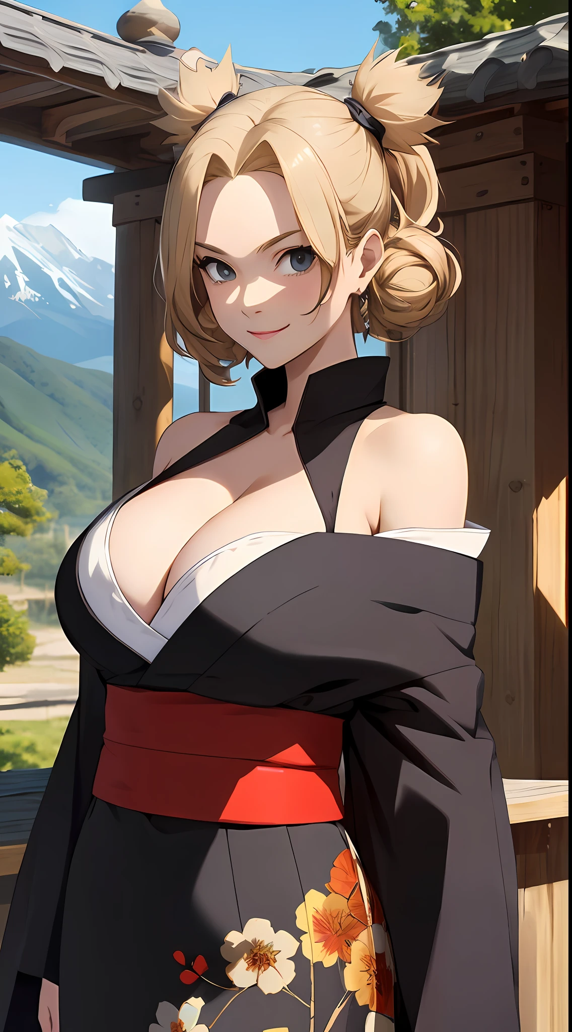 tmasterpiece, best qualtiy, ultra - detailed, TemariNS, 独奏, quad_coda, Large breasts, Forehead_Aegis, Japanese_clothes, perfect bodies, Off-the-shoulder attire,cleavage, ssmile, onthe mountain, Volumetriclighting, best qualtiy, tmasterpiece, Complicated details, Tone-mapping, tack sharp focus, ultra - detailed, ArtSt is trending,