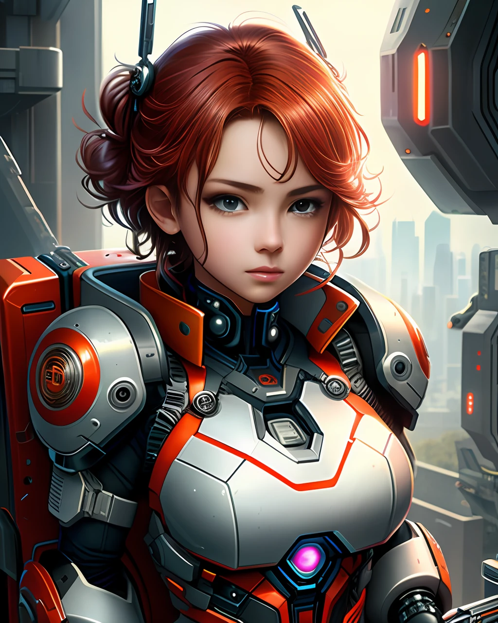 a close up of a woman in a futuristic suit with a gun, girl in mecha cyber armor, Retrato Armored Astronauta , Cute cyborg girl, epic sci-fi character art, epic scifi character art, portrait anime space cadet girl, detailed sci-fi art, portrait of rung, sci-fi woman, female mecha, cyberpunk anime girl mech