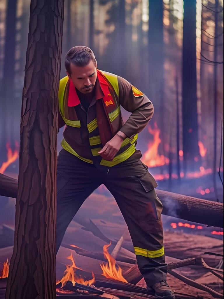 A realistic photo of a person with strong determined attitude, forest fire background, close-up shot, realistic.