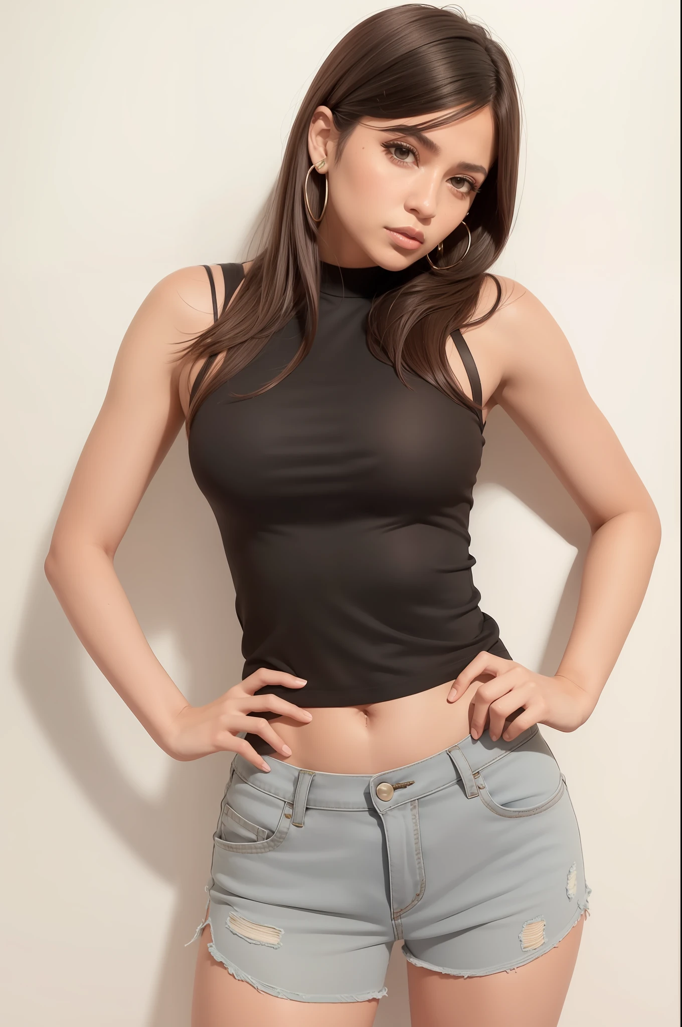 linda mulher arrogante em um top preto e shorts cinza posando para uma foto, topo de cabresto preto, usando uma regata cropped preta, usando uma regata preta cropped, regata preta apertada e shorts, she is wearing a black tank top, tanque preto apertado, Tampo tanque preto, peito achatado, Tampo do tanque apertado, Titular Top, Titular Top