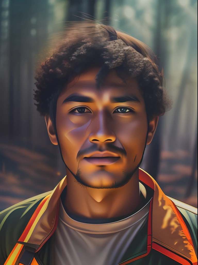 A realistic photo of a person with strong determined attitude, forest fire background, close-up shot, realistic.