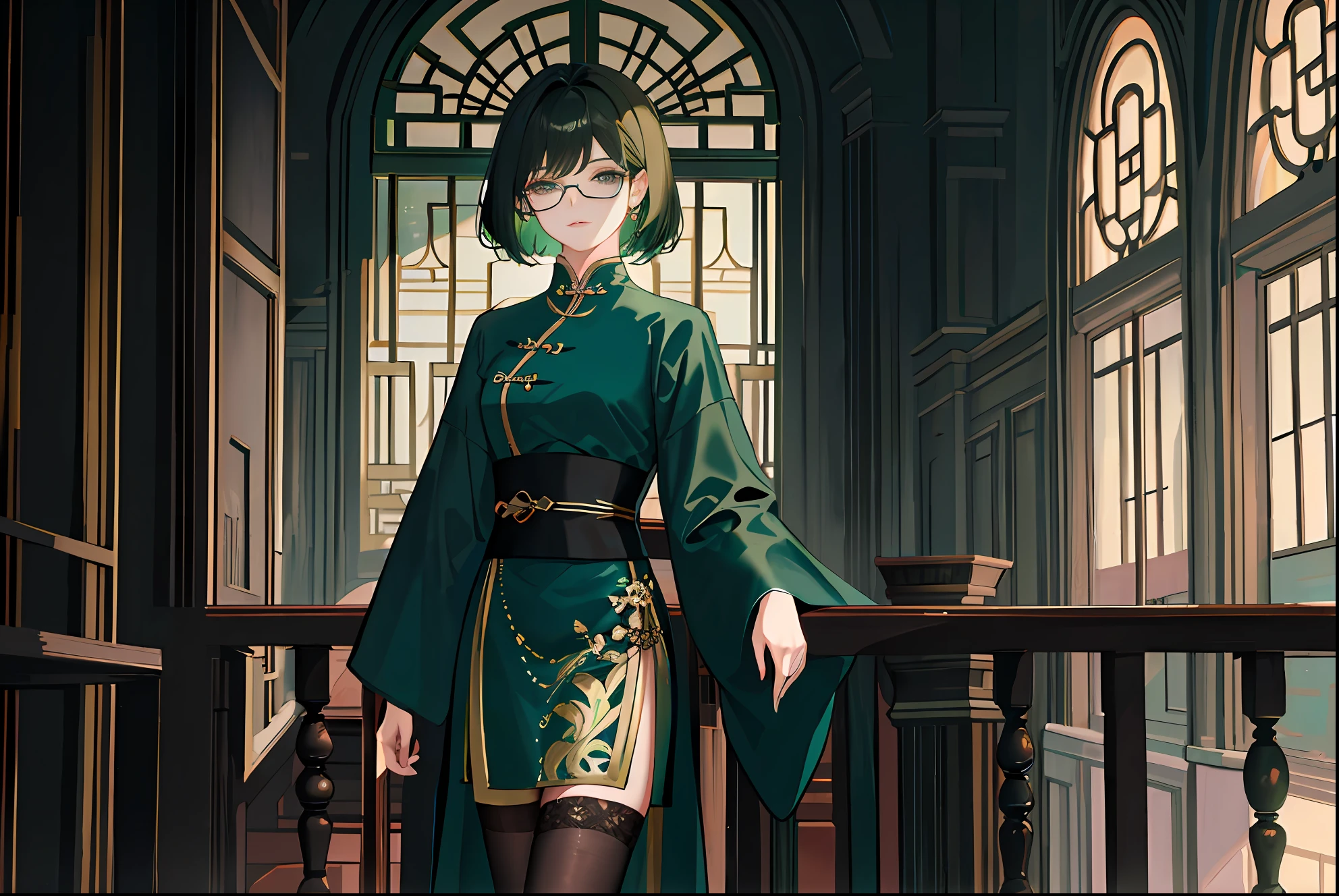 (Masterpiece, side-lighting, Ultra-detailed, fine detailed beautiful eyes: 1.2), 1girll,nightcity,Sateen,Dark green hair,short detailed hair,Black eyes,Chinese outfit,eye glass,Indifferent expression,