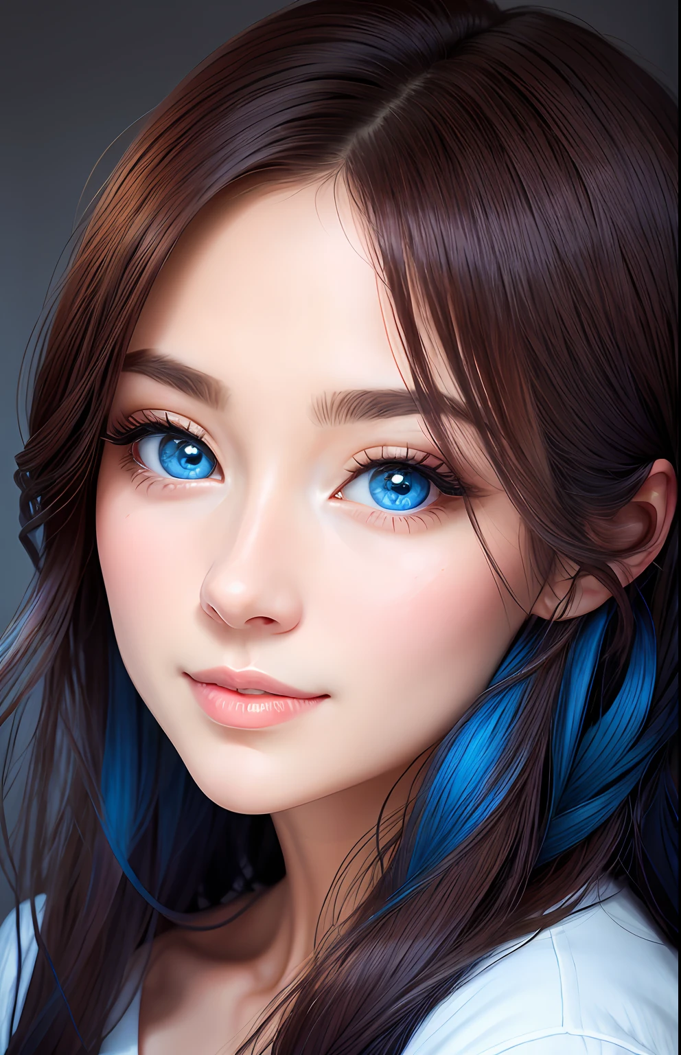 animesque、portraitures、One Person３０Year old woman、Moisturized eyes、Casual clothing、a picture、oval jaw、beautiful countenance、The hair、Blue eyes with a beautiful glow、LDS Art