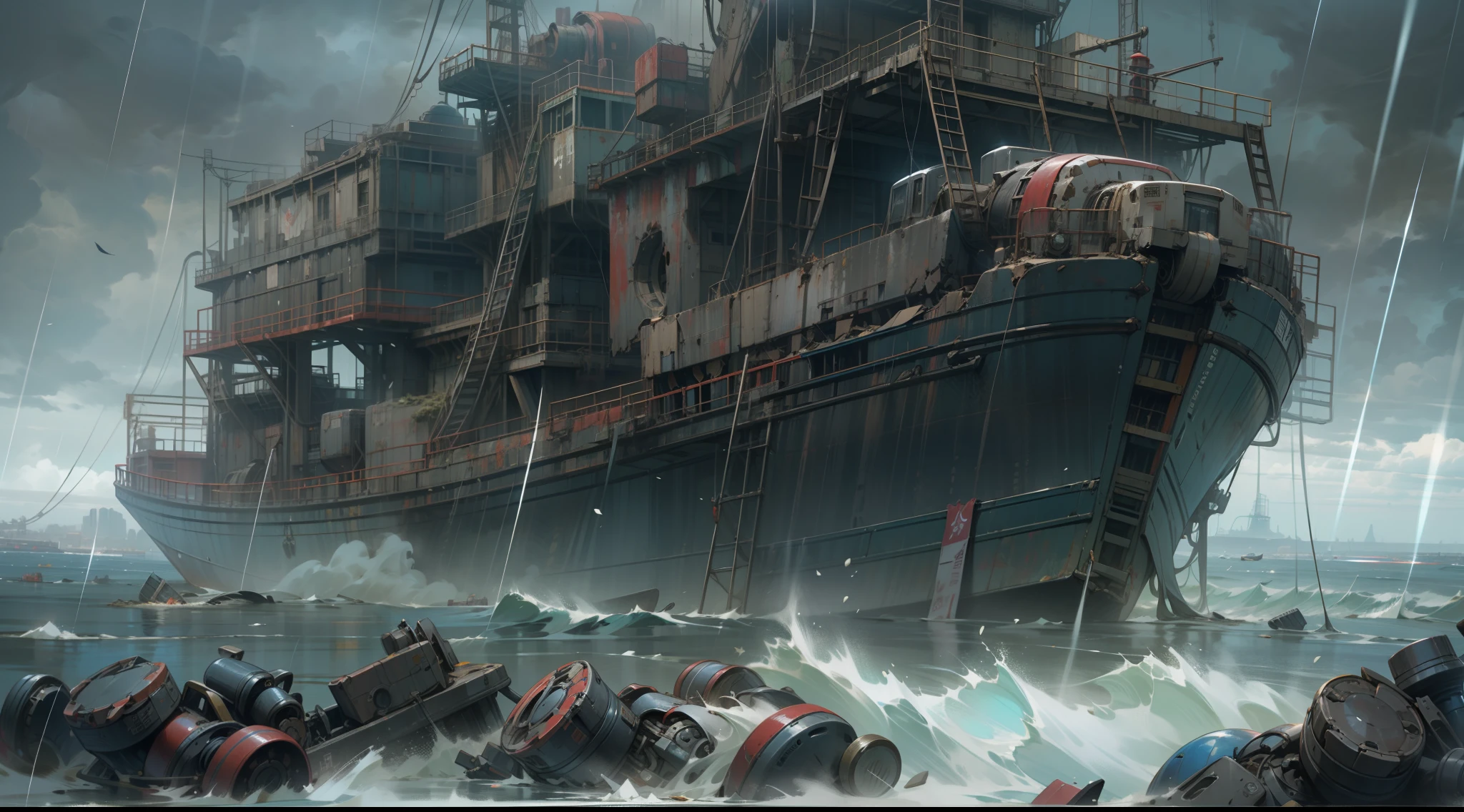 There is a huge amount of mechanical waste floating on the surface of the sea,There was a huge broken steamer parked on the sea,The storm swept through,Mist light,Low saturation,Cinematic shot-style,Unreal Engine,trending on artstation,depth of fields,Look up