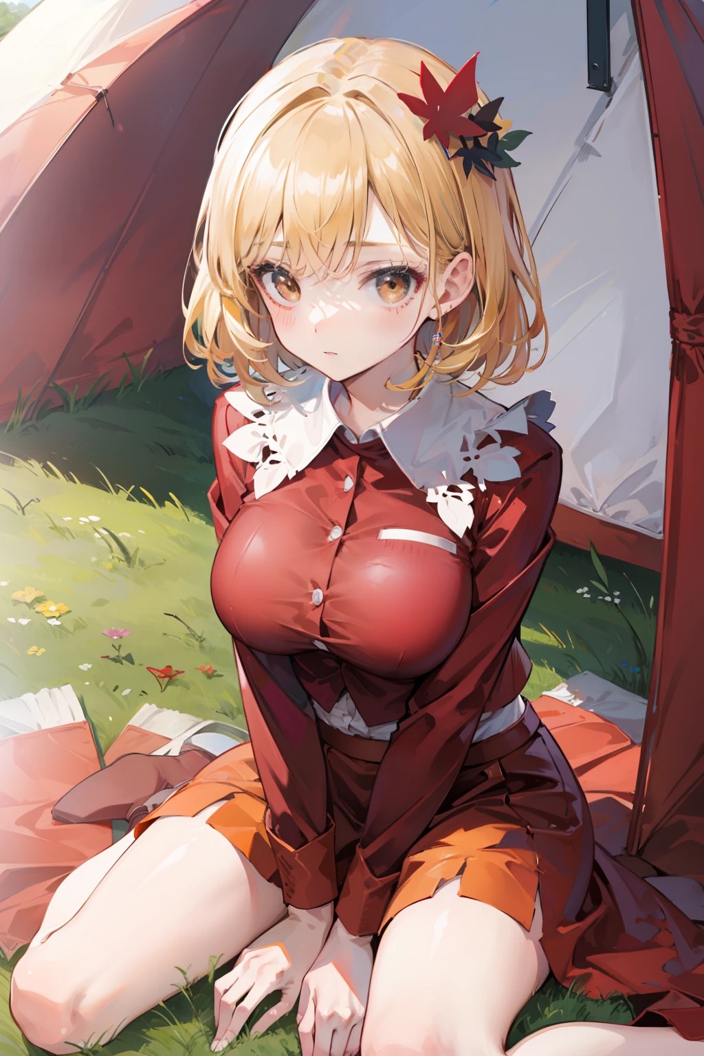 (masterpiece),best quality, expressive eyes, perfect face, 1girl,
big breast, H-cup, good breast, hands on waist,beautiful, gorgeous,anime,girl,lora,tent boobs, tent chest, tent breast, floating clothes,w sitting, w sitting on ground, legs on ground, Hands between thighs, arms between legs,aki shizuha,1girl,aki shizuha, blonde hair, short hair, yellow eyes, leaf hair ornament,red shirt,skirt,long sleeves