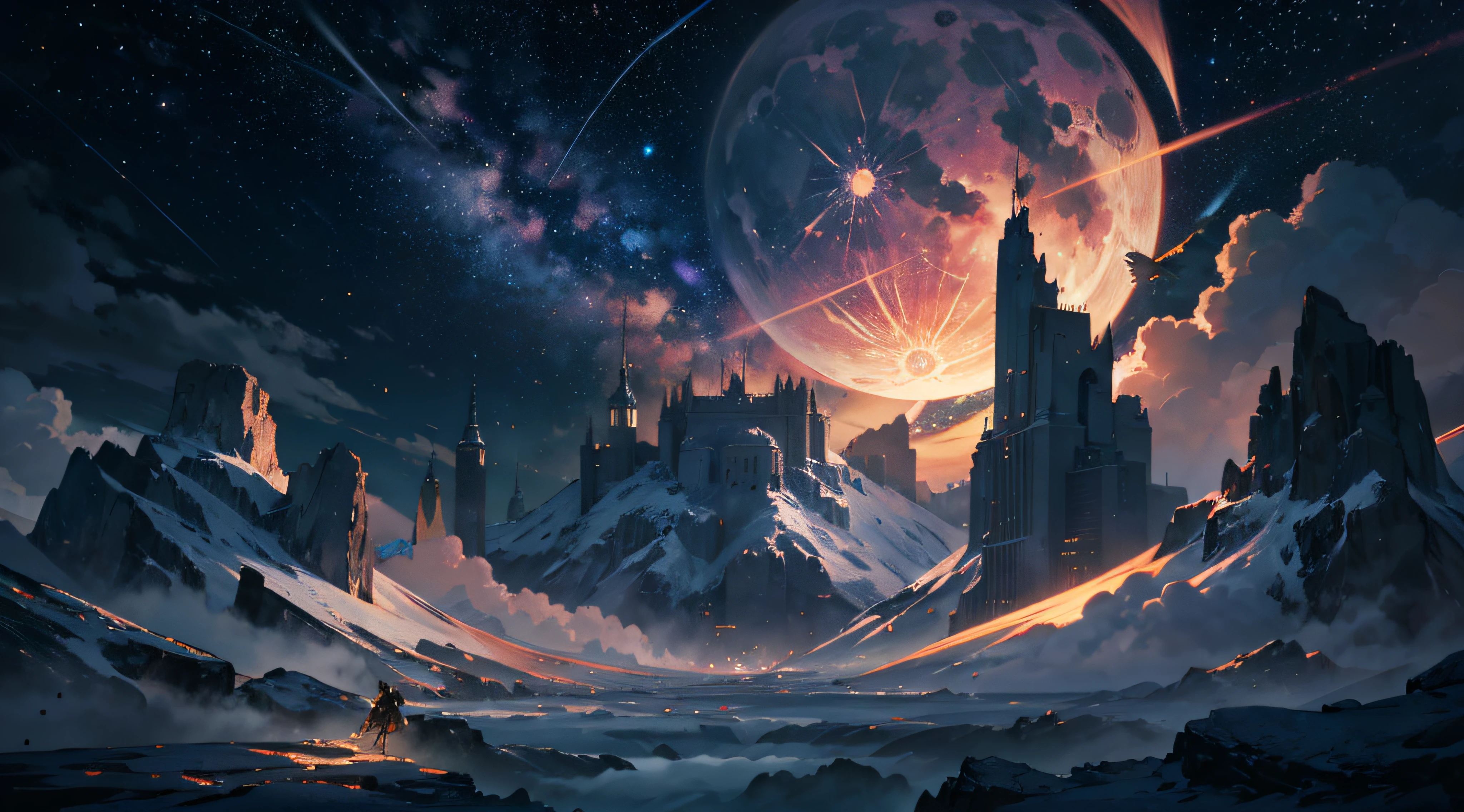 Expansive landscape photograph，（moon full：1.2），（meteors：0.9），（Starcloud：1.3），（Warm light source：1.2），（glowworm：1.2），lamp lights，Lots of purple and orange，Complicated details，Volumetriclighting，Realism BREAK（tmasterpiece：1.2），（best qualtiy），8K，Ultra-detailed，（dynamic compositions：1.4），The is very detailed，Colorful details，（Irridescent color：1.2），（luminouslighting，Atmospheric lighting），dream magical，magical，（独奏：1.2），（（best qualtiy））， （（tmasterpiece））， （the detail：1.4），depth of fields，maximum definition and sharpness，perfectly proportions，Fluttering clouds，Wallpapers