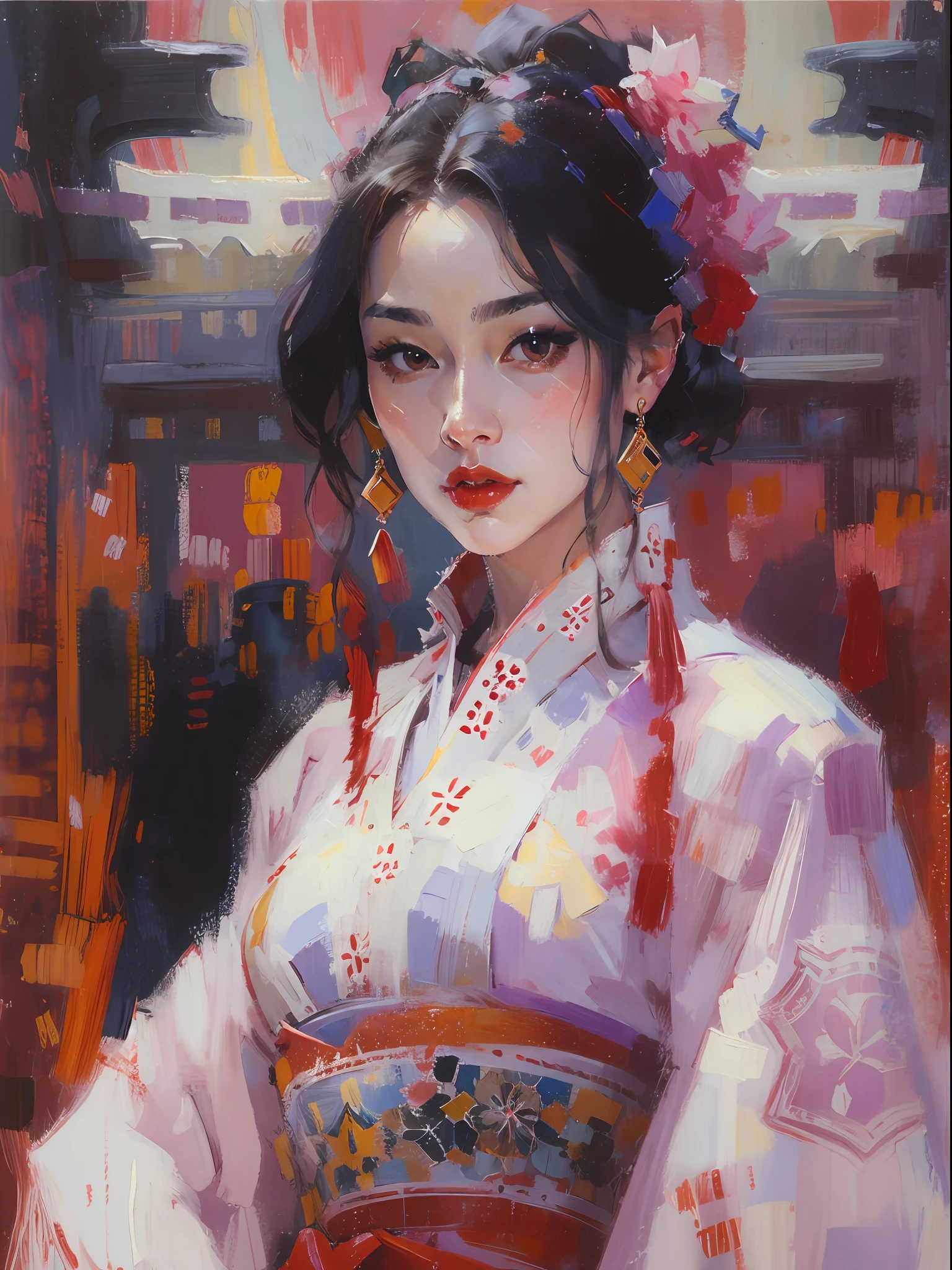 Modern Asian city，Beautiful girl，White Hanfu，cabelos preto e longos，Sexy and seductive red lips，closeup cleavage，Close-up strengthened，portraitures，oil painted，inks，acrycle painting，tmasterpiece，Renaissance style，best qualtiy，A high resolution，super-fine，Eyes detailed，Face detailed，hair detail，Accurate，Clear eye focus close-up