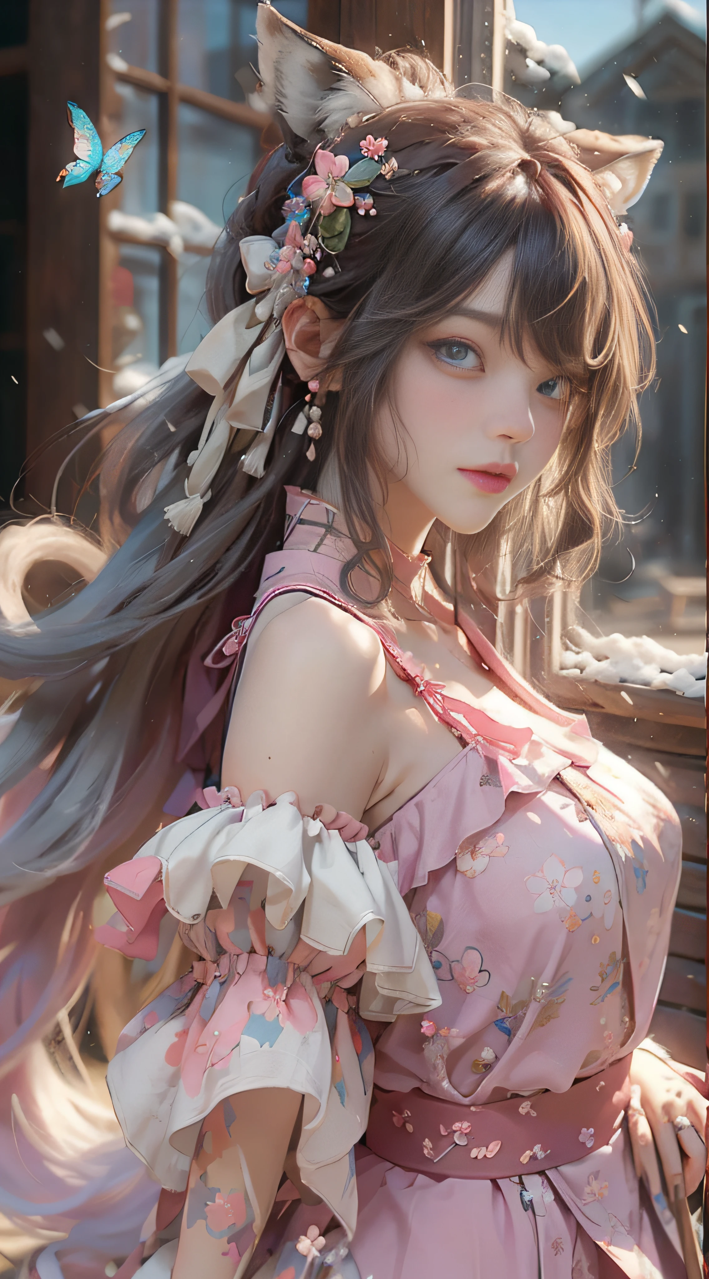 ((best qualtiy)), ((tmasterpiece)), (detail:1.4), Beautiful cyberpunk female images,hdr(HighDynamicRange),Ray traching,NVIDIA RTX,Hyper-Resolution,illusory 5,sub surface scattering,PBR textures,post-proces,Anisotropy Filtering,depth of fields,maximum definition and sharpness,Many-Layer Textures,Albedo e mapas Speculares,Surface coloring,Mitsu-Accurate simulation of material interactions,perfectly proportioned,rendering by octane,Two-colored light,largeaperture,Low ISO,White balance,Rule three points、8K raw data、Beautiful bright blue pupils,off-the-shoulder clothes,Fine pupils,Delicate face and eyes,long eyelasher,Blushlush,Delicate and fluffy hair,pink lip,Pure,Cute face,Sweet girl,Artistic sense,Casual wear,Advancedsense,butterflys,Cherry blossom petal,Beautiful hair accessories,Long hair and waist,Hair fluttering in the wind,Snow-white fox ears,curlies,Snow-white fluffy tail,Positive light,The light from the back window is backlighted