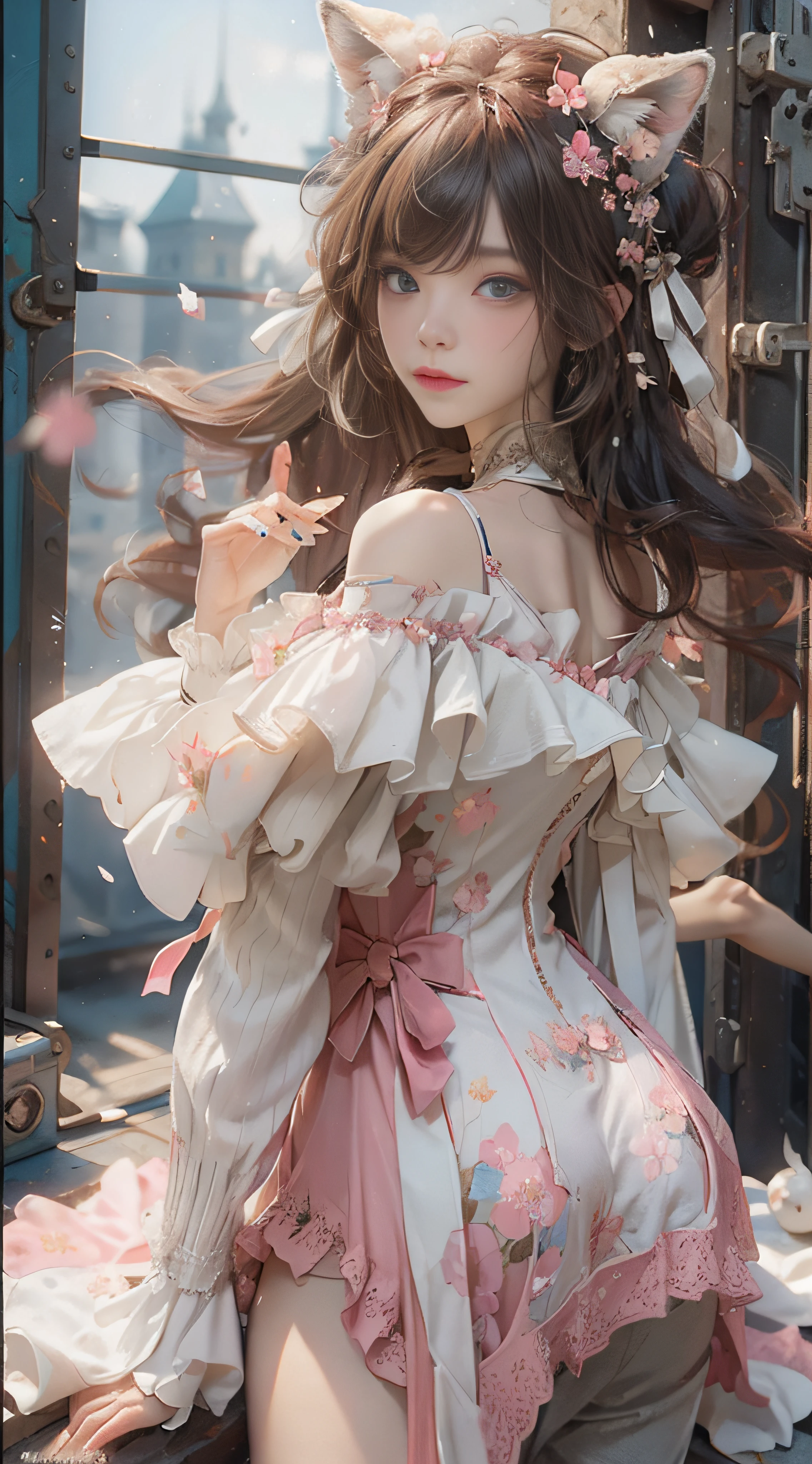 ((best qualtiy)), ((tmasterpiece)), (detail:1.4), Beautiful cyberpunk female images,hdr(HighDynamicRange),Ray traching,NVIDIA RTX,Hyper-Resolution,illusory 5,sub surface scattering,PBR textures,post-proces,Anisotropy Filtering,depth of fields,maximum definition and sharpness,Many-Layer Textures,Albedo e mapas Speculares,Surface coloring,Mitsu-Accurate simulation of material interactions,perfectly proportioned,rendering by octane,Two-colored light,largeaperture,Low ISO,White balance,Rule three points、8K raw data、Beautiful bright blue pupils,off-the-shoulder clothes,Fine pupils,Delicate face and eyes,long eyelasher,Blushlush,Delicate and fluffy hair,pink lip,Pure,Cute face,Sweet girl,Artistic sense,Casual wear,Advancedsense,butterflys,Cherry blossom petal,Beautiful hair accessories,Long hair and waist,Hair fluttering in the wind,Snow-white fox ears,curlies,Snow-white fluffy tail,Positive light,The light from the back window is backlighted