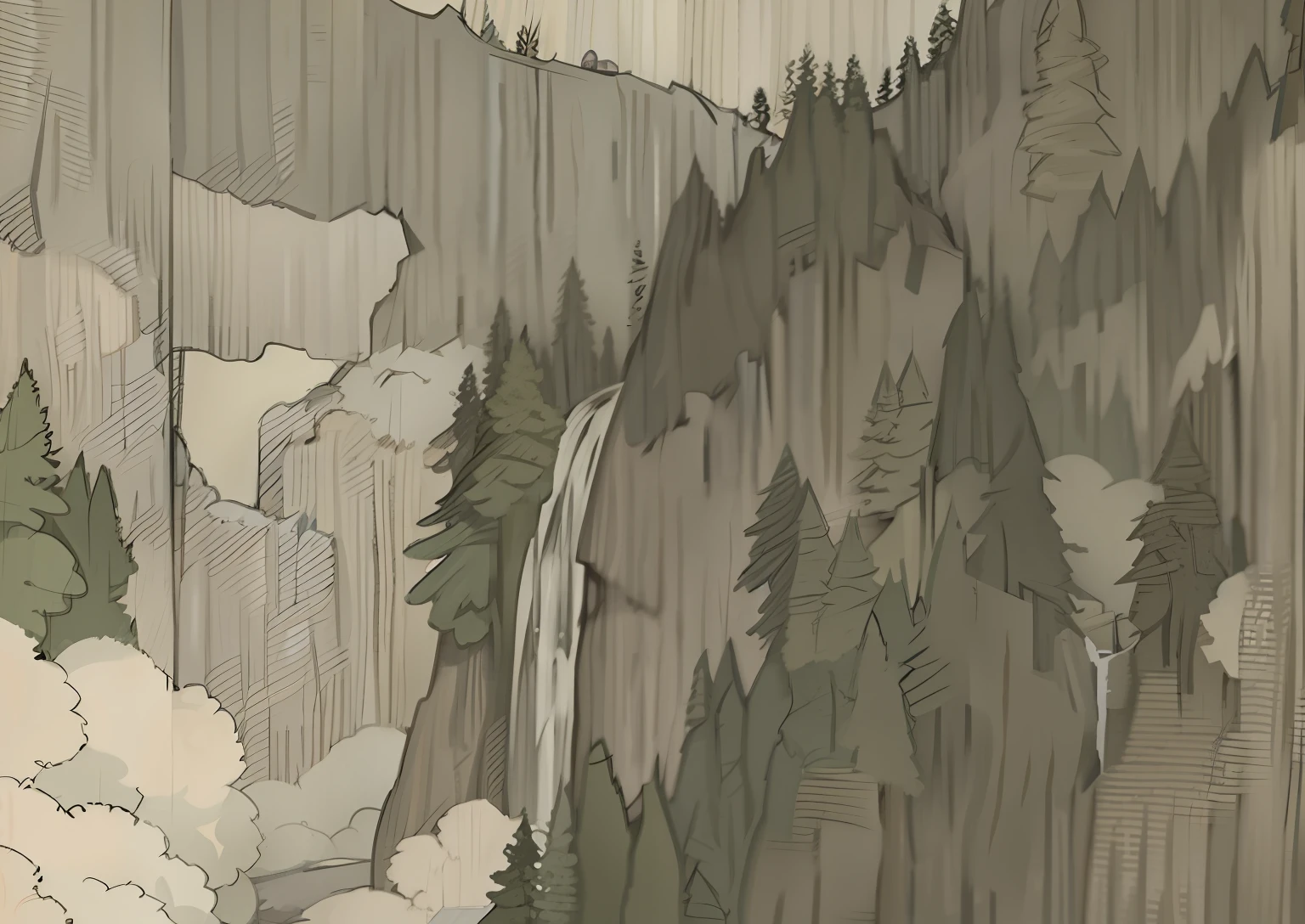 Draw a waterfall in the forest, Inspired by Russell Chatham, author:Russell Chatham, waterfallr. Heavy fog, (waterfallr), makoto sinkai, forest and waterfall, waterfallr, Granular matte painting, author:Hugh Ferris, mist from waterfall, Ilya Kujkhinov, with trees and waterfalls, a still of an ethereal