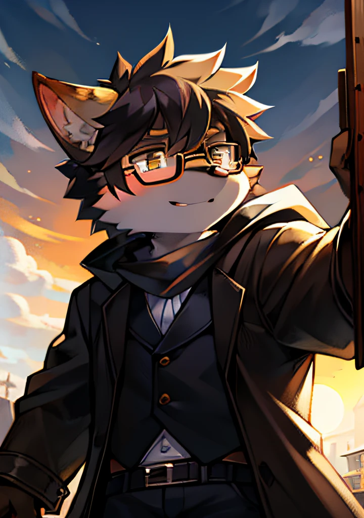 （ambiente dark:0.8),eyes with brightness, The upper part of the body, Character focus.(detailedbackground:0.7), adolable，furry men，Young age，The head is on the large side，shaggy male，Sunny and cheerful，wearing black rimmed glasses，wind coat，coyote，（canid，Shota，Normal standing posture）Stable and secure，Gray fur，Chivalry，Long gun in hand，Fighting posture