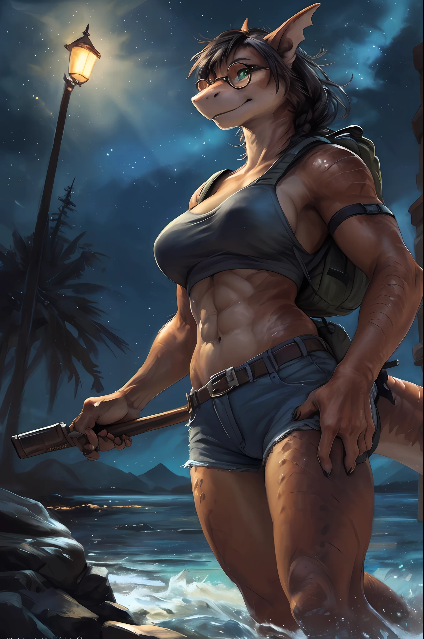 solo, (beautiful female:1.4), (nice shark girl),  ( fit, abs), busty, big erect breasts, slim waist, (black hair),  ( female shark | Lara Croft ), (((female))),  orange body scales, white belly,  (kemono:1.4)
( khaki shorts ), lightblue crop top, ( pistols gans on hips | in hands ), wide belt, thick and long braid, (red round glasses:1.2), ( small backpack on her back:1.2),  e621, (female body), seductive body, sexy, 
 shark  tail, cameltoe,  (body portrait), slim swimsuit, 
, (detailed eyes, green eyes, glowing eyes),
(outdoors),   ocean beach , candle, night, (particles ,firefly, blue glowing), torch, seeker of adventures
detailed background, photorealistic, realistic hands, 8k HD,
(dark shadows, wide dynamic range, hdr, low light:1.2),
by (by Pino Daeni, (by ruaidri), (by virtyalfobo), (by Kenket). by iskra, by darkgem,