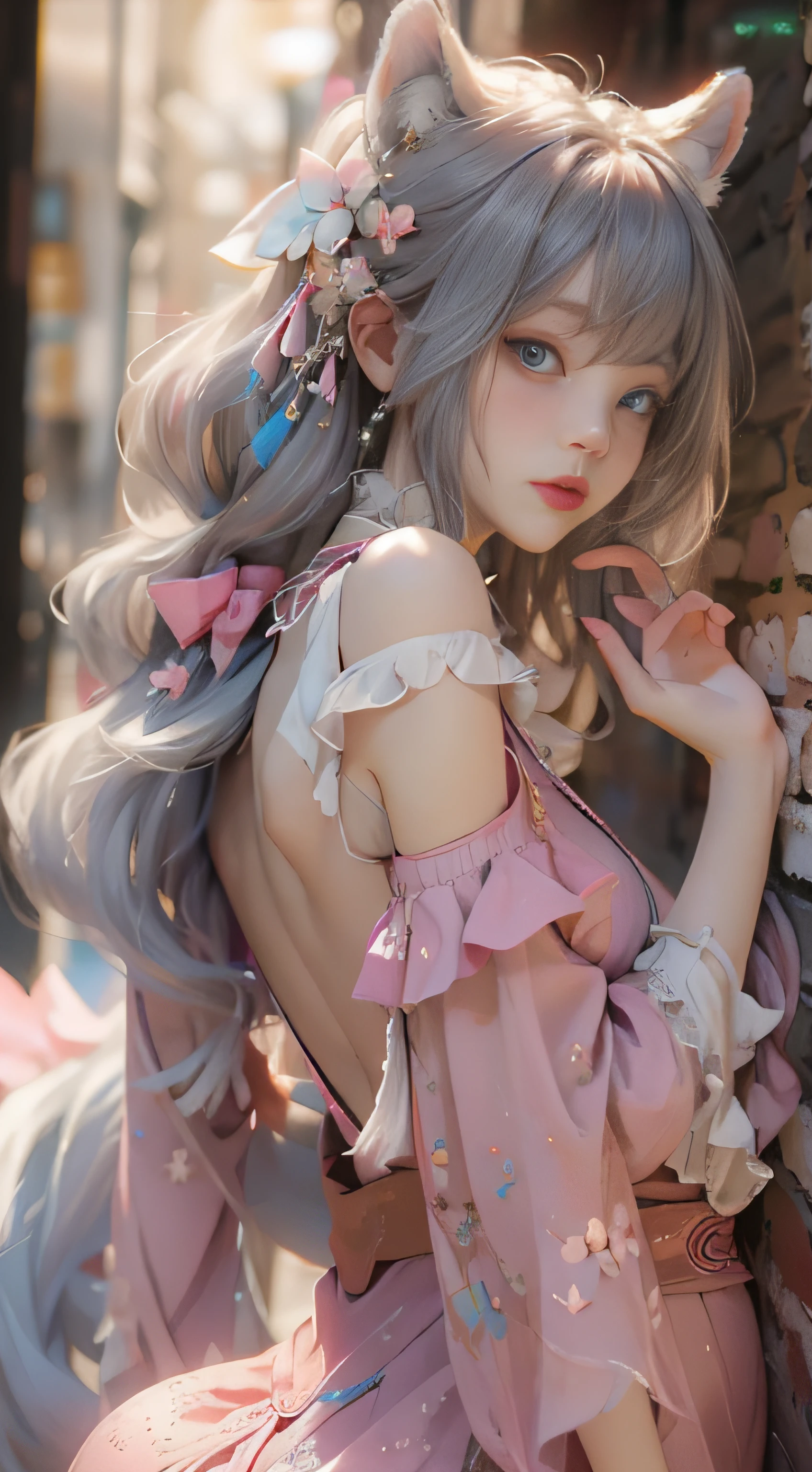 ((best qualtiy)), ((tmasterpiece)), (detail:1.4), Beautiful cyberpunk female images,hdr(HighDynamicRange),Ray traching,NVIDIA RTX,Hyper-Resolution,illusory 5,sub surface scattering,PBR textures,post-proces,Anisotropy Filtering,depth of fields,maximum definition and sharpness,Many-Layer Textures,Albedo e mapas Speculares,Surface coloring,Mitsu-Accurate simulation of material interactions,perfectly proportioned,rendering by octane,Two-colored light,largeaperture,Low ISO,White balance,Rule three points、8K raw data、Beautiful bright blue pupils,off-the-shoulder clothes,Fine pupils,Delicate face and eyes,long eyelasher,Blushlush,Delicate and fluffy hair,pink lip,Pure,Cute face,Sweet girl,Artistic sense,Casual wear,Advancedsense,butterflys,Cherry blossom petal,Beautiful hair accessories,Long hair and waist,Hair fluttering in the wind,Snow-white fox ears,curlies,Snow-white fluffy tail,Positive light,The light from the back window is backlighted