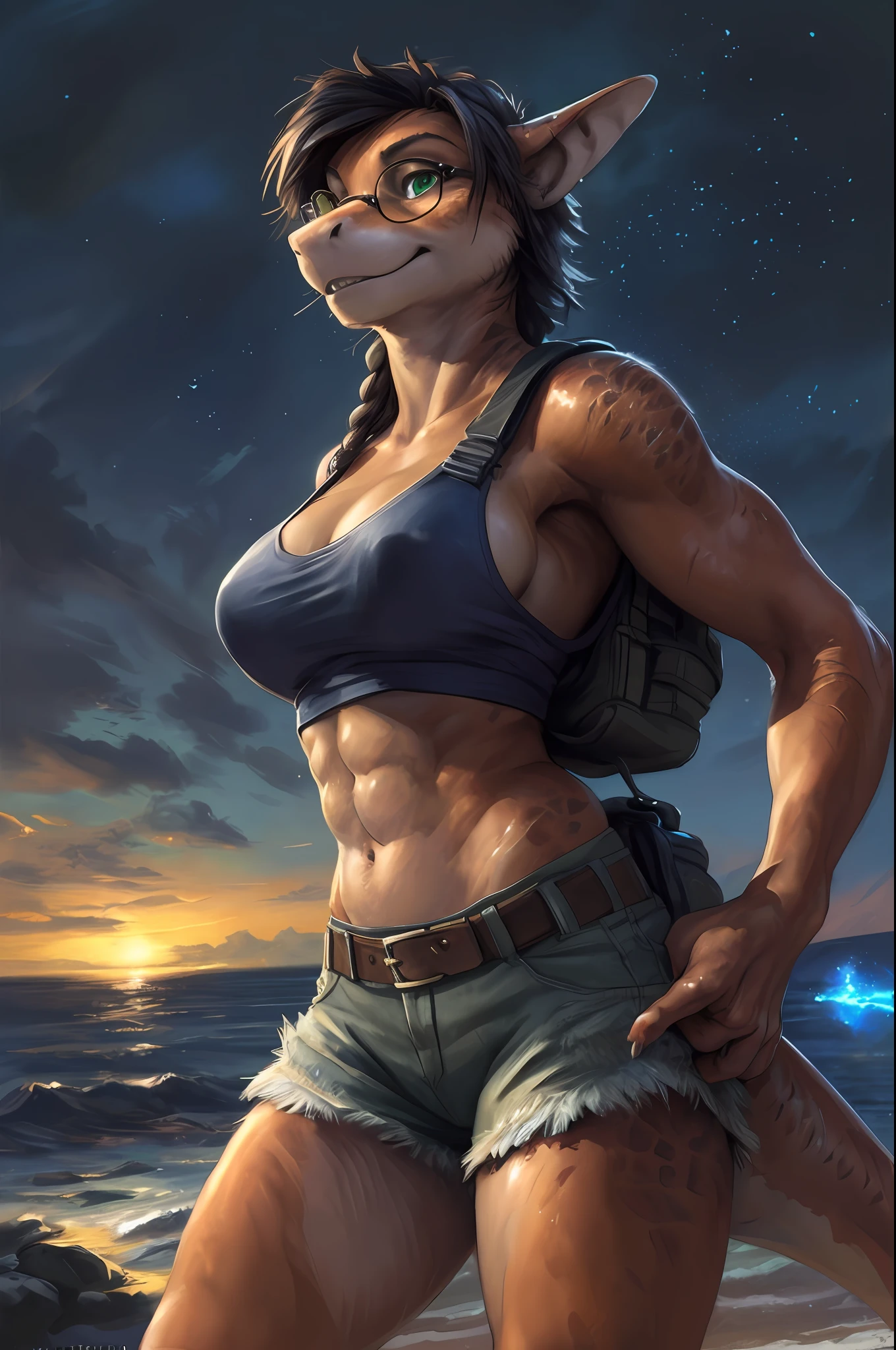 solo, (beautiful female:1.4), (nice shark girl), ( fit, abs), busty, big erect breasts, slim waist, (black hair), ( female shark | Lara Croft ), (((female))), orange body scales, white belly, (kemono:1.4)
( khaki shorts ), lightblue crop top, ( pistols gans on hips | in hands ), wide belt, thick and long braid, (red round glasses:1.2), ( small backpack on her back:1.2), e621, (female body), seductive body, sexy,
shark tail, cameltoe, (body portrait), slim swimsuit,
, (detailed eyes, green eyes, glowing eyes),
(outdoors), ocean beach , candle, night, (particles ,firefly, blue glowing), torch, seeker of adventures
detailed background, photorealistic, realistic hands, 8k HD,
(dark shadows, wide dynamic range, hdr, low light:1.2),
by (by Pino Daeni, (by ruaidri), (by virtyalfobo), (by Kenket). by iskra, by darkgem,